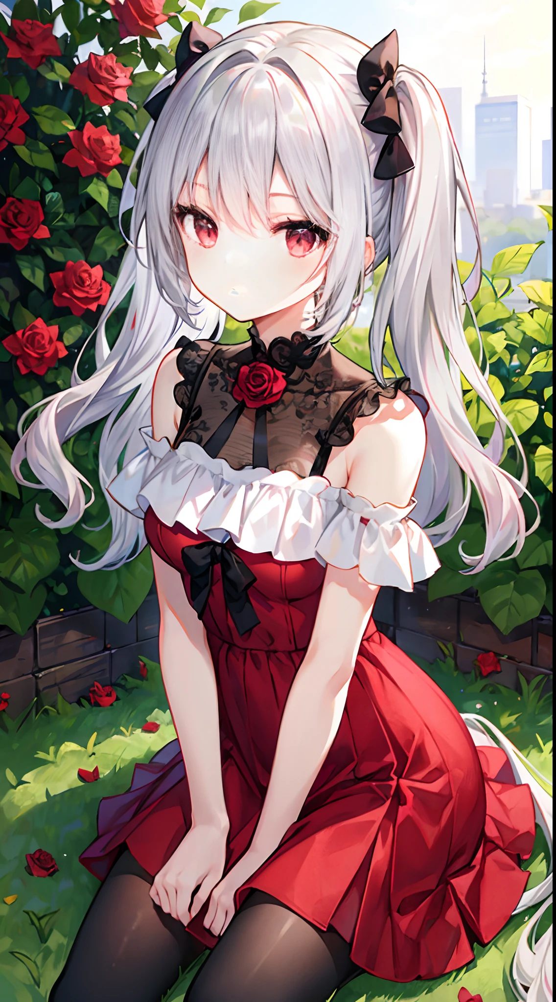Wavy silver hair、red eyes、Beautiful girl alone、Bright red dress、cropped shoulders、A miniskirt、Black tights、Sit on the、poneyTail、Rose garden