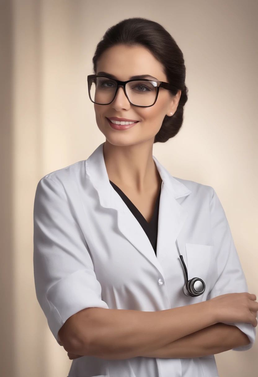mulher como uma medica, middle-aged with dark brown or black hair combed back and brown eyes wearing a lab coat and their glasses with thick, rectangular frame glasses that lend an air of intellectuality and scientificity to his appearance;. Their physical constitution is usually described as lean with average height.
