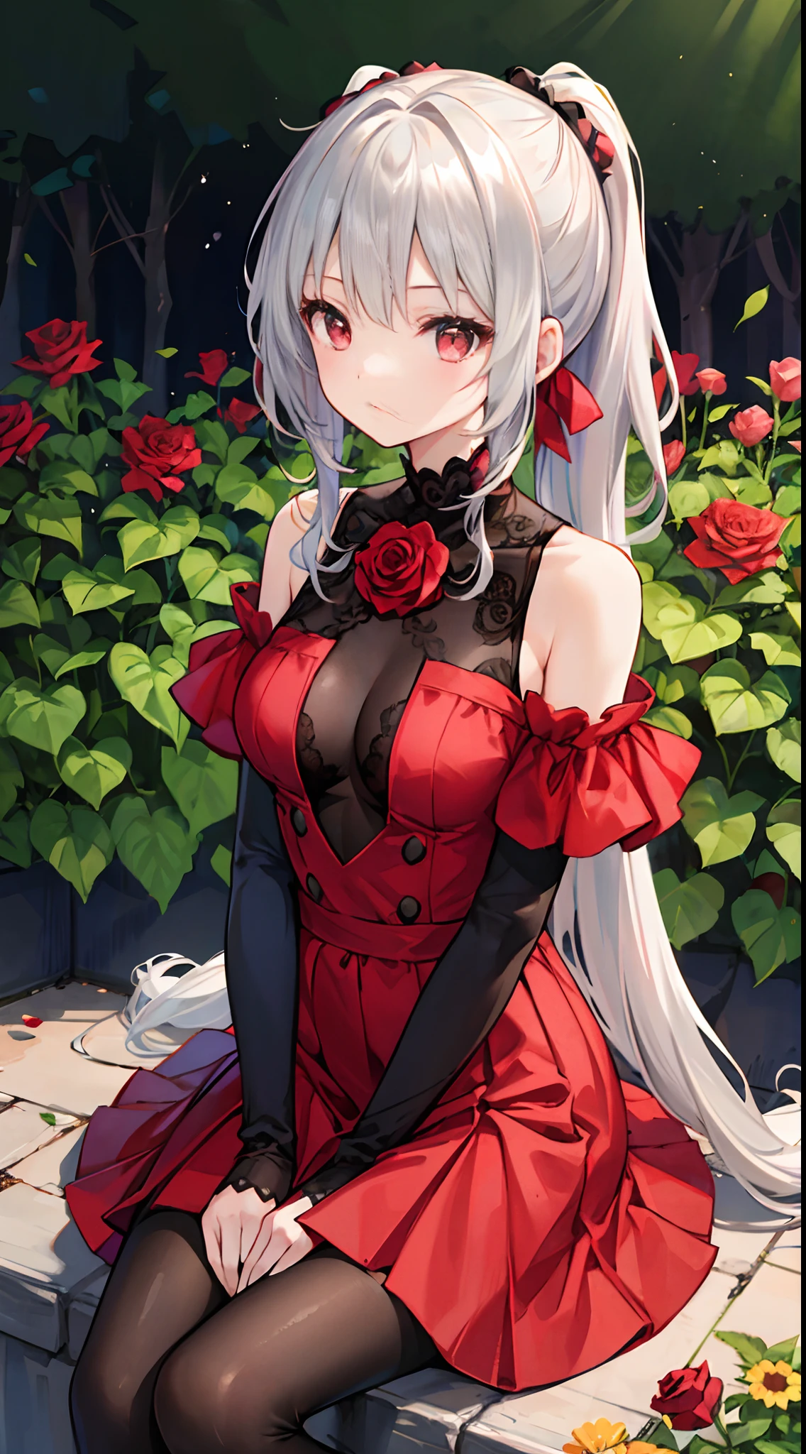 Wavy silver hair、red eyes、Beautiful girl alone、Bright red dress、cropped shoulders、A miniskirt、Black tights、Sit on the、poneyTail、Rose garden