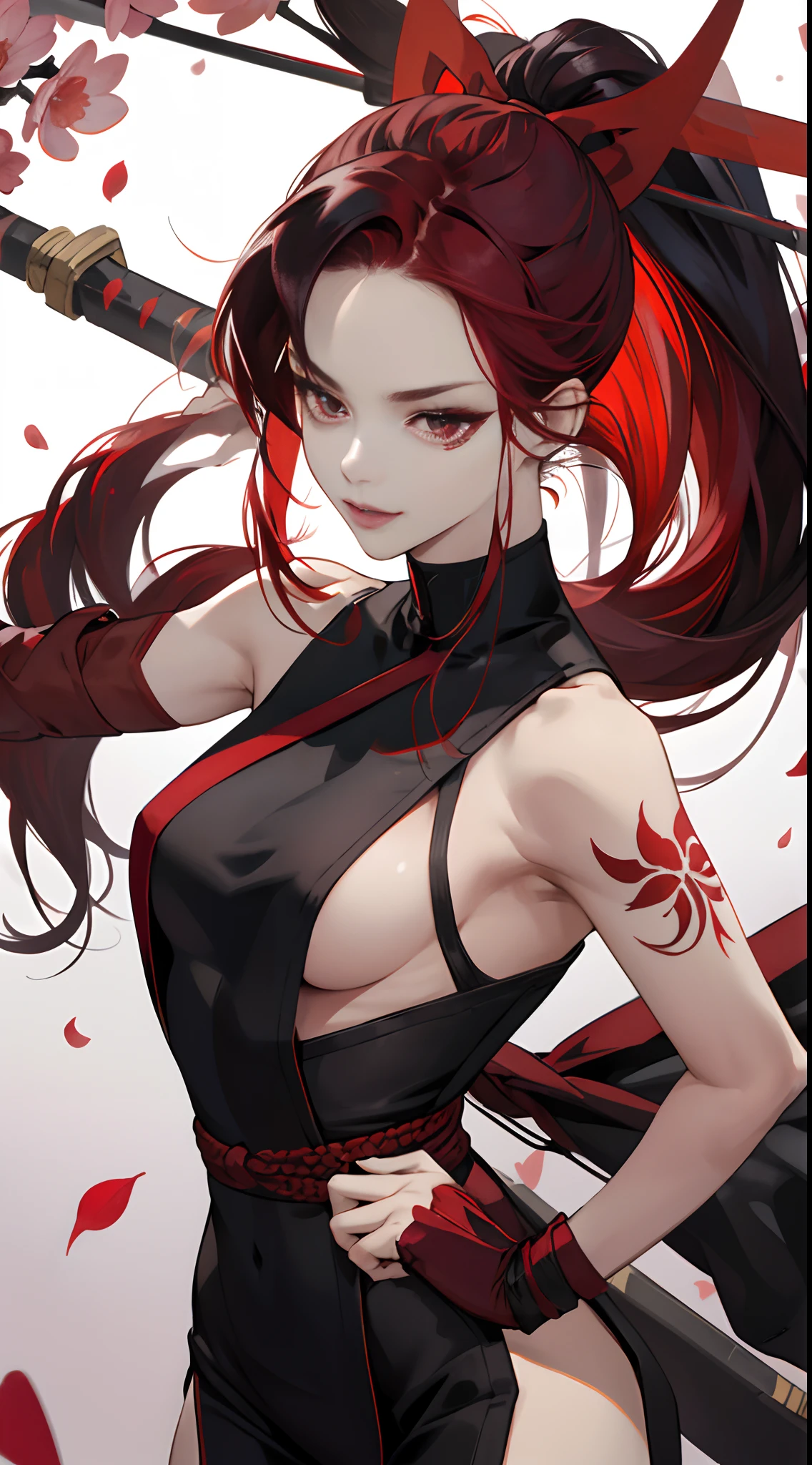 a 20 yo woman,long,Black-red mesh hair,poneyTail,Red string,sharp eye,glares,Beautie,A sexy,ssmile,Vanity fair,Glossy gestures,Kunoichi,White and black attire,ninjartist,Cherry blossom decorative costume,Sleeveless,Costumes with a lot of exposed skin,Breast exposure,Light equipment,Red lotus tattoo,head band(reddish),Forehead Rest,Tempered body,Delicately drawn realistic illustrations,facing front,fight,Kodachi,dual-wielding,The weapon is Kodachi,Full body close-up,