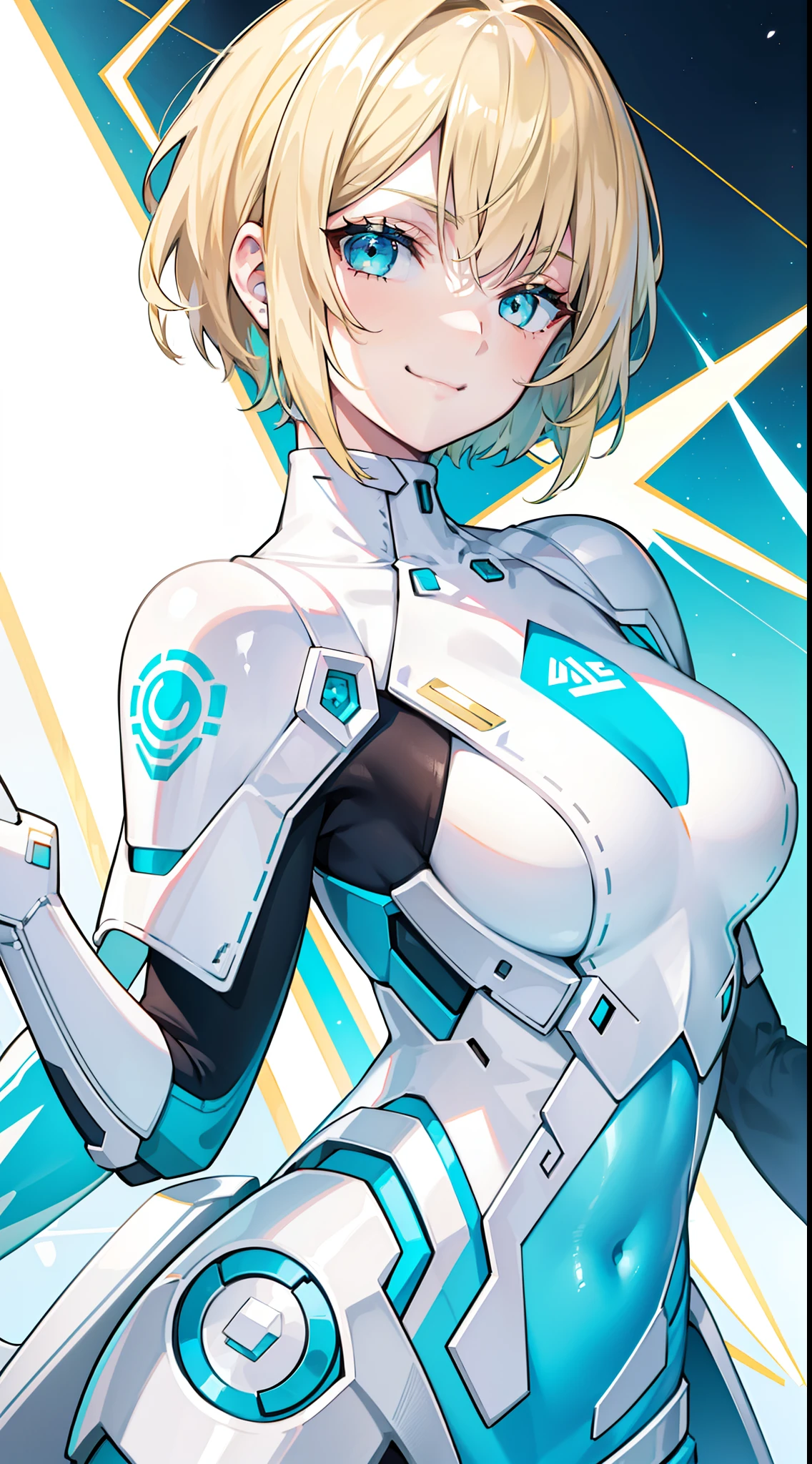 1girl, breasts, wide hips, large breasts, blonde hair, very short hair, blue eyes, smile, smirk, smug, bodysuit, white bodysuit, futuristic, science-fiction, tech, neon, neon trim, incoming hug, outstretched arms