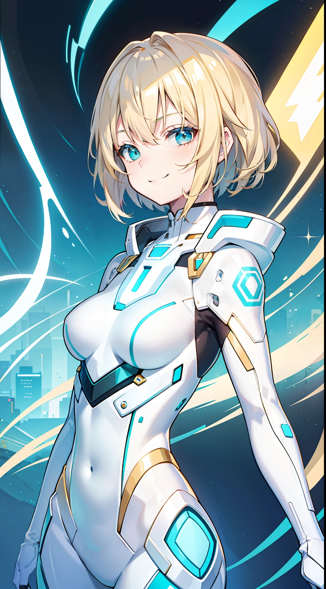 young girl, short blonde hair, turquoise eyes, smirk, White Plug Suit, Gold Elements, open shoulders, Masterpiece, hiquality, 4k, HD, Good detail