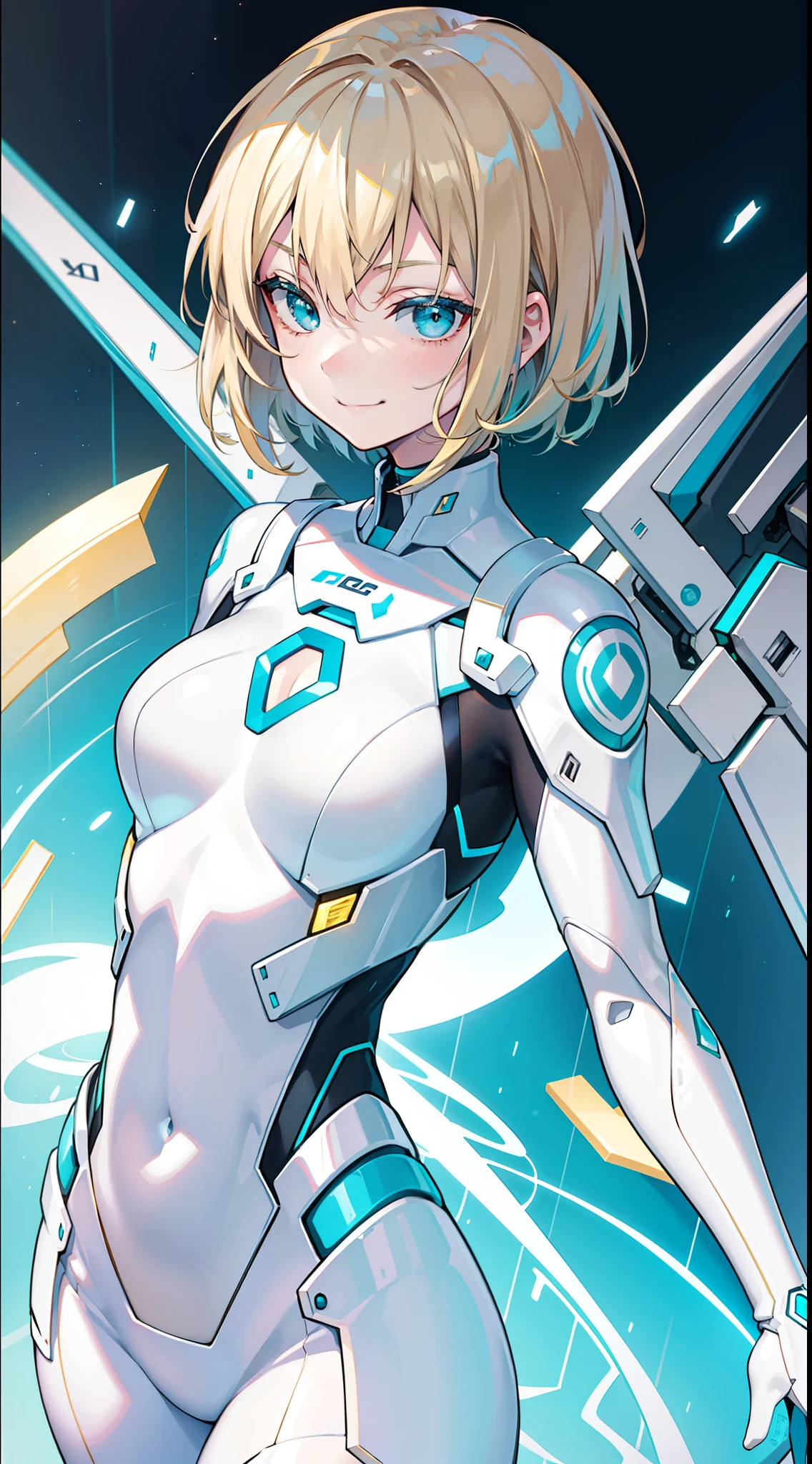 young girl, short blonde hair, turquoise eyes, smirk, White Plug Suit, Gold Elements, open shoulders, Masterpiece, hiquality, 4k, HD, Good detail