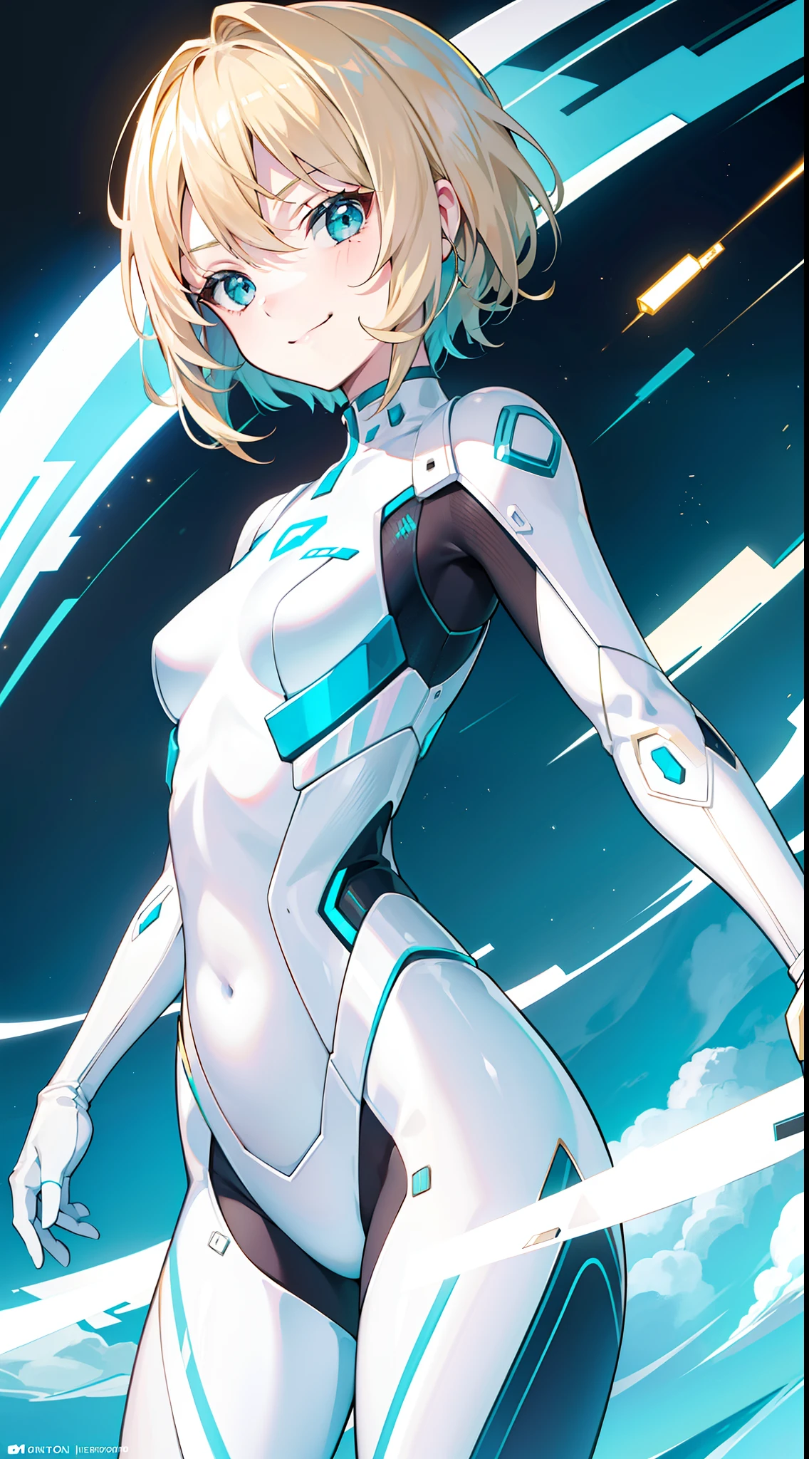 young girl, short blonde hair, turquoise eyes, smirk, White Plug Suit, Gold Elements, open shoulders, Masterpiece, hiquality, 4k, HD, Good detail