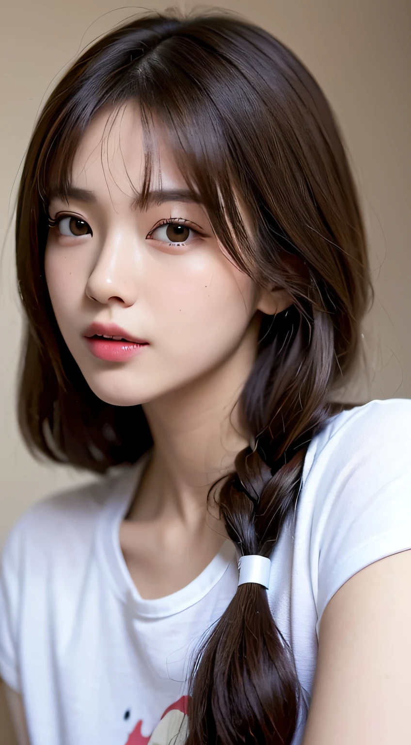 (masterpiece:1.3), (in 8K, Photorealsitic, Raw photography, Top image quality: 1.4), Japan high school girls、(Random hairstyles:1.2)、Super Detail Face、Eye of Detail、二重まぶた、foco nítido:1.2、prety woman:1.8、light brown hair、top-quality、masterpiece、超A high resolution、(Photorealsitic:1.4)、very detailed and professional lighting、Duck-mouth、tareme:1.4、slender、((Gloss on lips))、Oversized T-shirt、