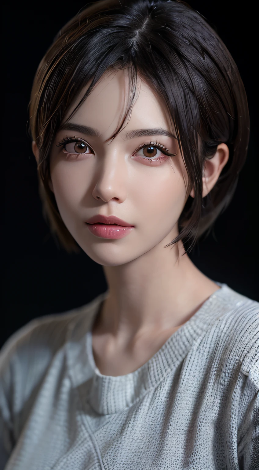 (masterpiece:1.3), (8k, photorealistic, RAW photo, best quality: 1.4), (1girl), beautiful face, (realistic face), (black hair, short hair:1.3), beautiful hairstyle, realistic eyes, beautiful detailed eyes, (realistic skin), beautiful skin, (sweater), absurdres, attractive, ultra high res, ultra realistic, highly detailed, golden ratio