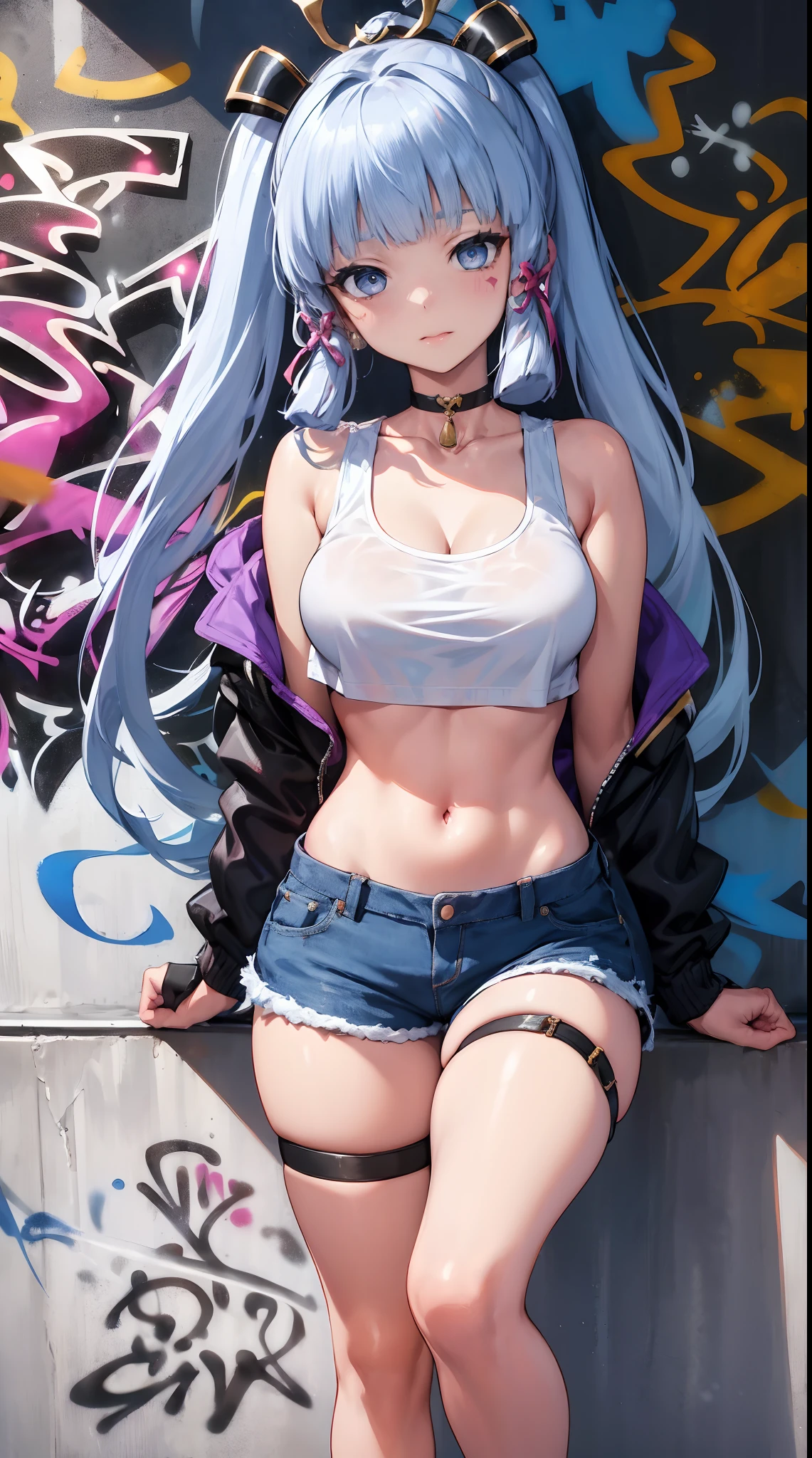 kamisato ayaka|genshin impact, master-piece, bestquality, 1girls,25 years old, oversized breasts, crop top, shorts jeans, oversized breasts, ,bara, crop top, shorts jeans, choker, (Graffiti:1.5), Splash with purple lightning pattern., arm behind back, against wall, View viewers from the front., Thigh strap, Head tilt, bored, water eyes,