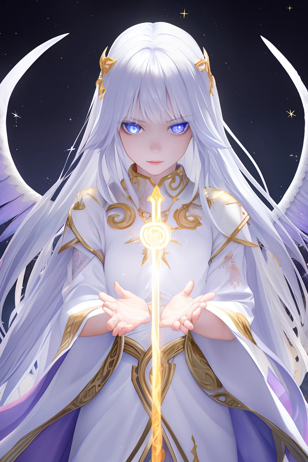 photorealistic photo, beautiful magical girl, tzeentch, outer god, chaos god, white fairy shirt with gold trim, white robe fluttering in the wind, long white hair, fully clothed, perfect face, beautiful, (perfect composition: 1. 4), detailed face and body, award-winning photography , fields, detailed face, detailed hands, lighting, intense gaze, looking at the viewer, cinematic lighting, embers, fantasy background, action pose, arms raised 90 degrees, holding a small wand, water splashes, foggy haze, happy, holy maiden, saint, faux traditional media, praying, palms folded, perfect hands