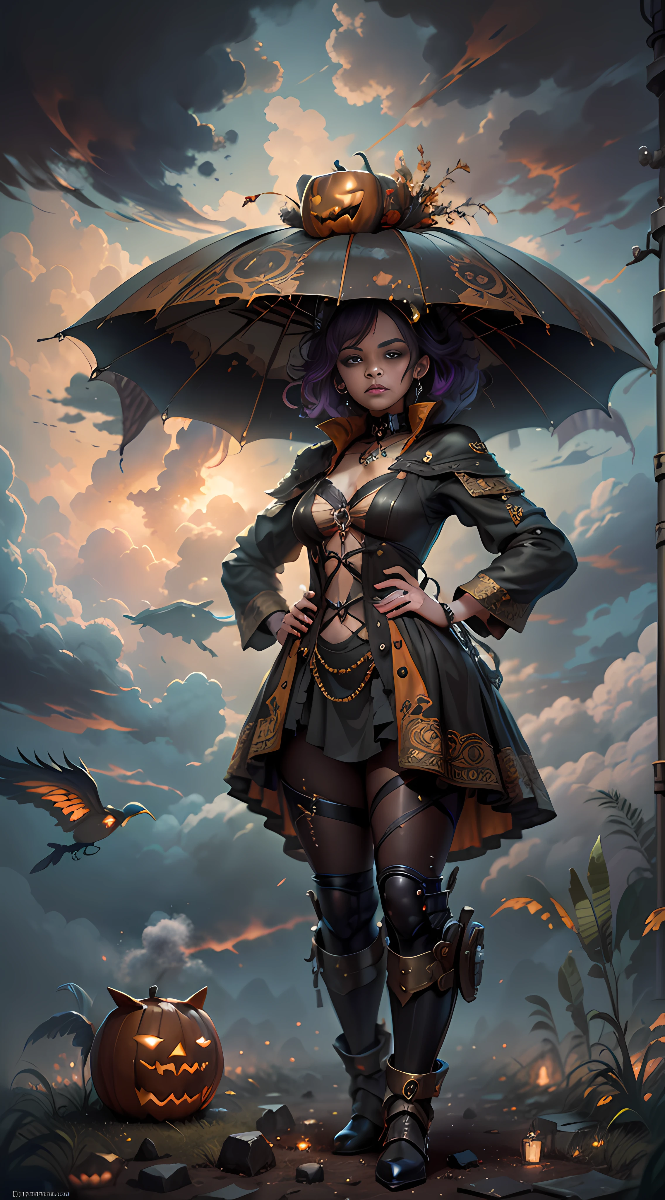 a fantastical Halloween world where the atmosphere is thick with magic and mystery. A bohemian steam punk fashion design full body, stand guard, in the dramatic skies above. The face of this creature is a work of art, with exact features that seem to shift and change with every passing moment. See it come to life in an insanely detailed oil painting, or rendered with precision in a hyperrealistic style, Mysterious