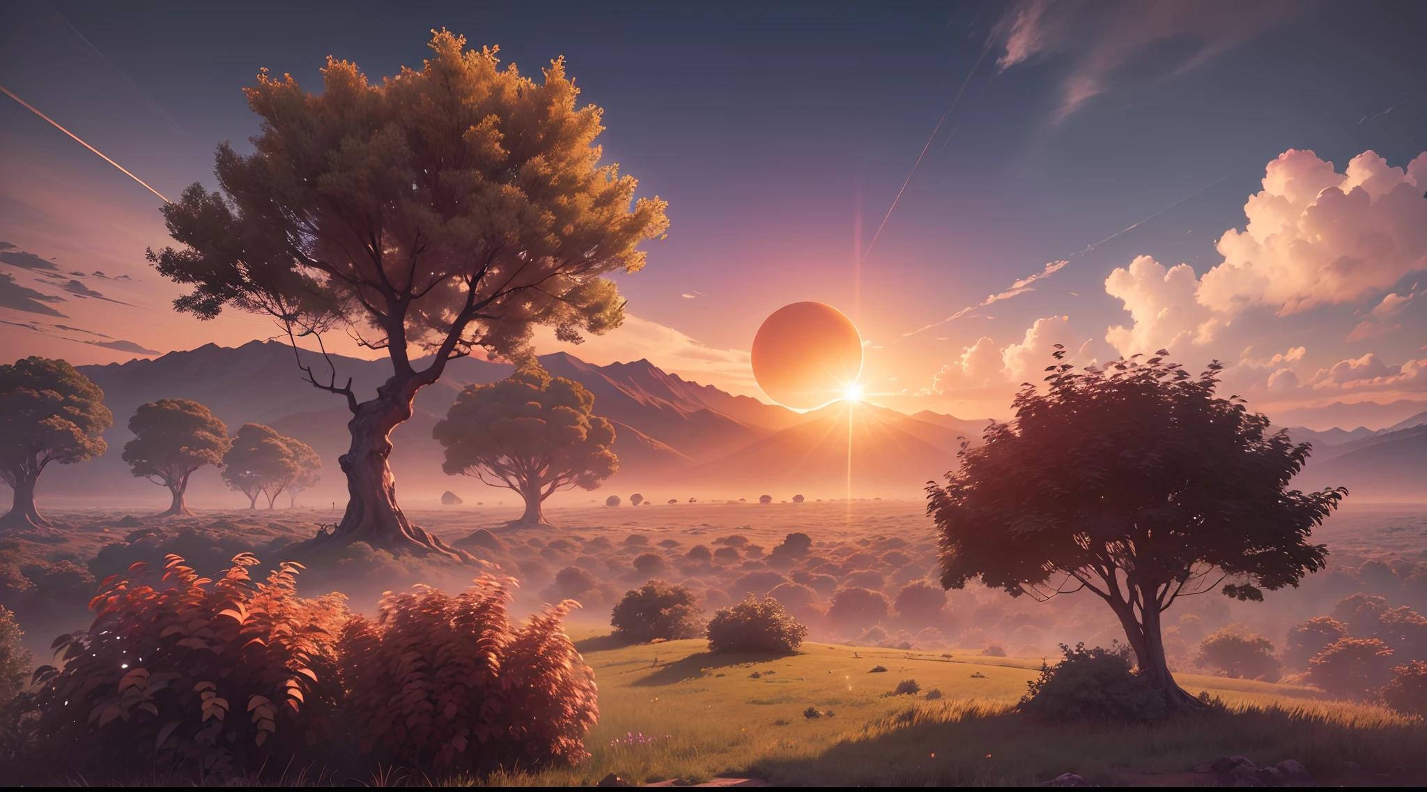 best quality,4k,8k,highres,masterpiece:1.2,ultra-detailed,realistic,photorealistic:1.37,landscape on a strange alien planet,twin suns,atmospheric colours,fields,trees in the background,dense foliage,animals,picturesque,photo,synthwave