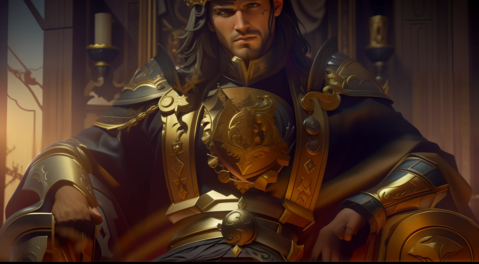 masterpiece: 1.2, best quality), realistic, (real image, intricate details, depth of field), (1boy, solo), makeup, lips perfect, highly detailed, perfect face, (skin dentition), thick thighs, wide hips, small waist, and huge black hair, wearing armor, king, sexy, dye, seductive, black, male, male, man, man, sword in hand, throne behind background, various hero pose, man pose, crown, coronation, old, 30 years old,