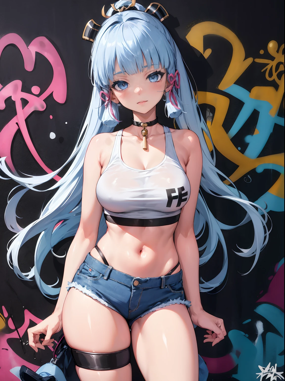 kamisato ayaka|genshin impact, master-piece, bestquality, 1girls,25 years old, oversized breasts, crop top, shorts jeans, oversized breasts, ,bara, crop top, shorts jeans, choker, (Graffiti:1.5), Splash with purple lightning pattern., arm behind back, against wall, View viewers from the front., Thigh strap, Head tilt, bored, water eyes,