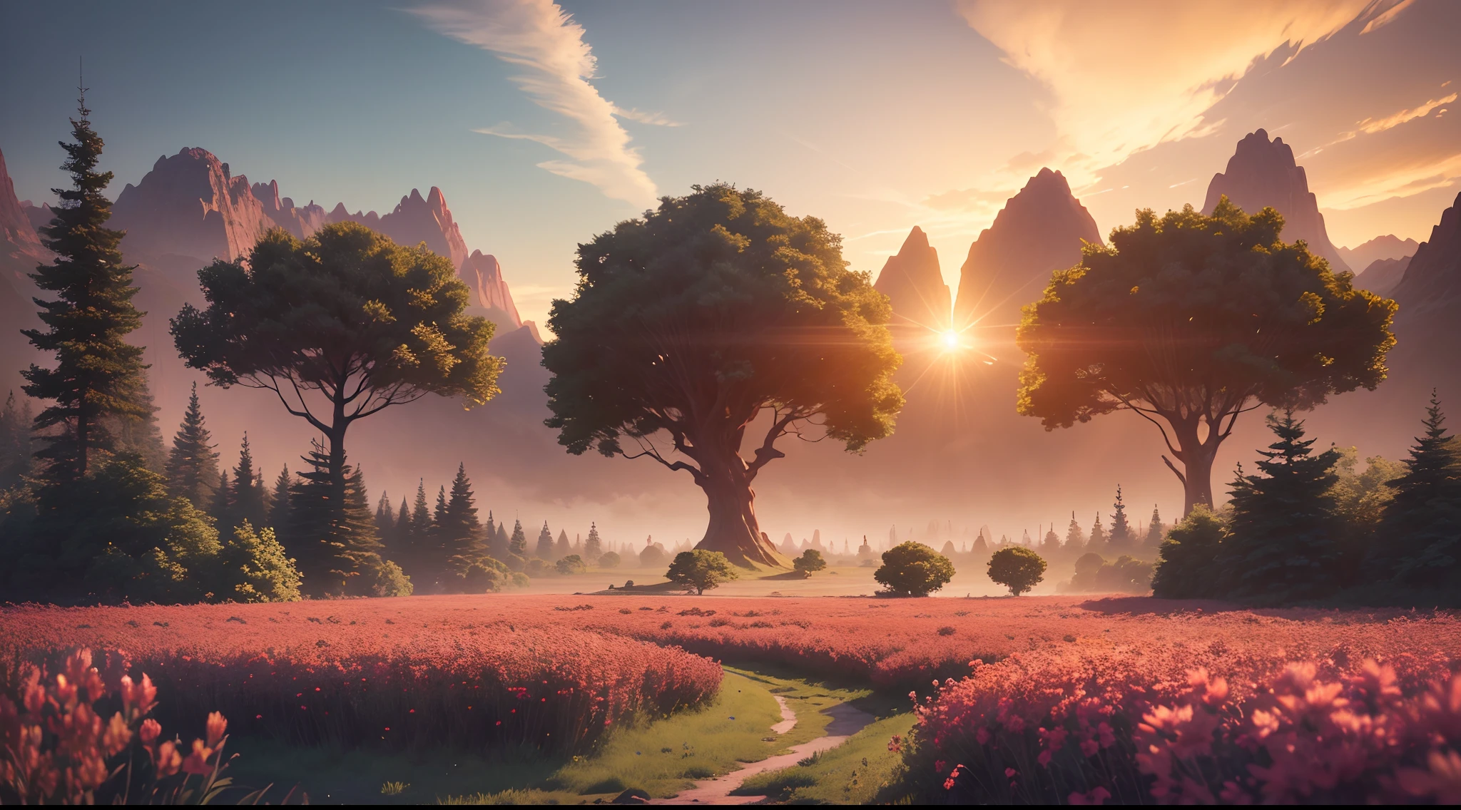 best quality,4k,8k,highres,masterpiece:1.2,ultra-detailed,realistic,photorealistic:1.37,landscape on a strange alien planet,twin suns,atmospheric colours,fields,trees in the background,dense foliage,animals,picturesque,photo,synthwave