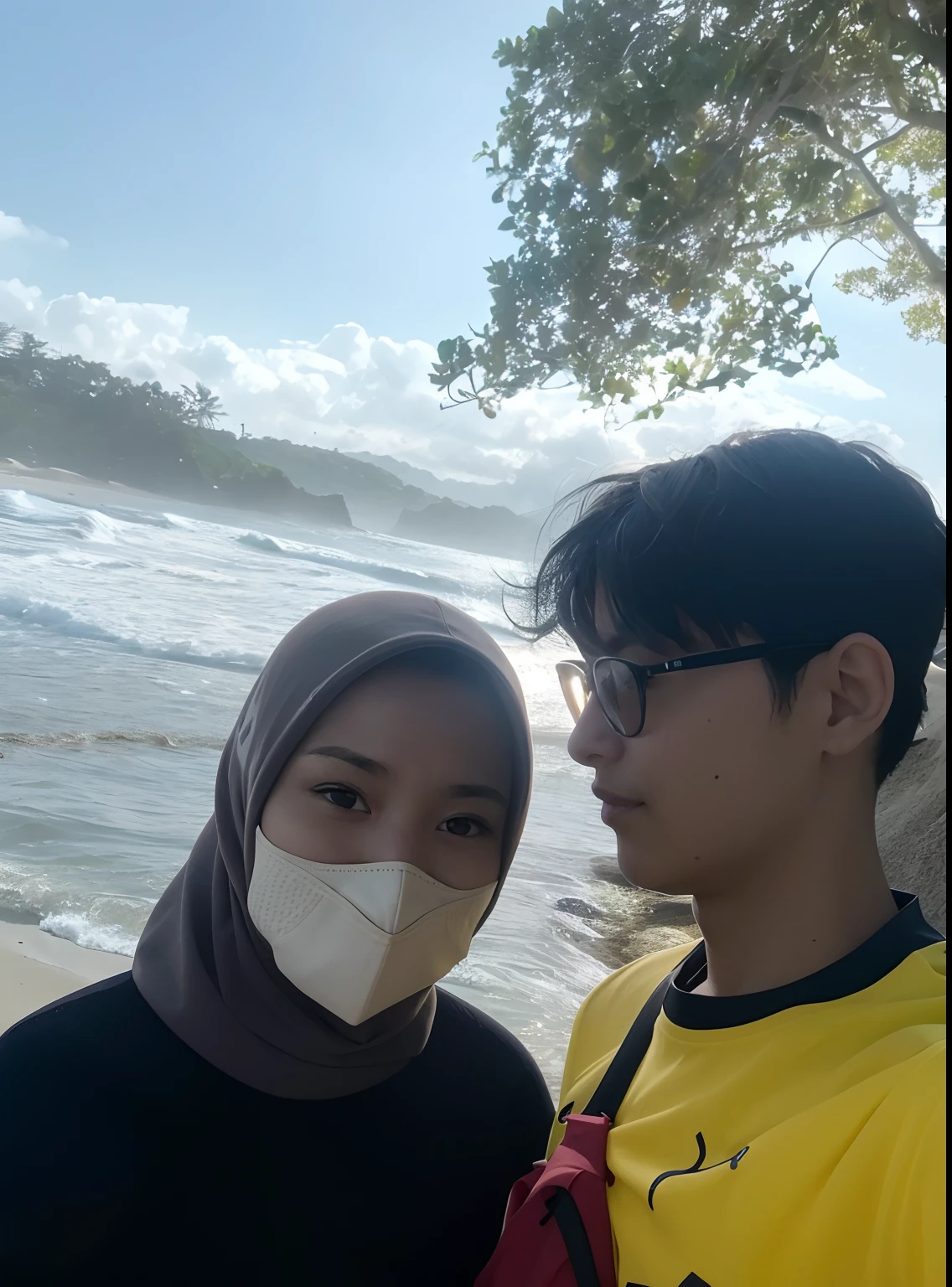 there are two people standing next to each other near the water, the ocean in the background, at the sea, at a beach, in the beach, ocean in the background, taken in 2 0 2 0, couple, vacation photo, at a tropical beach, in background, a picture, selfie, on beach, at the beach, the sea in the background