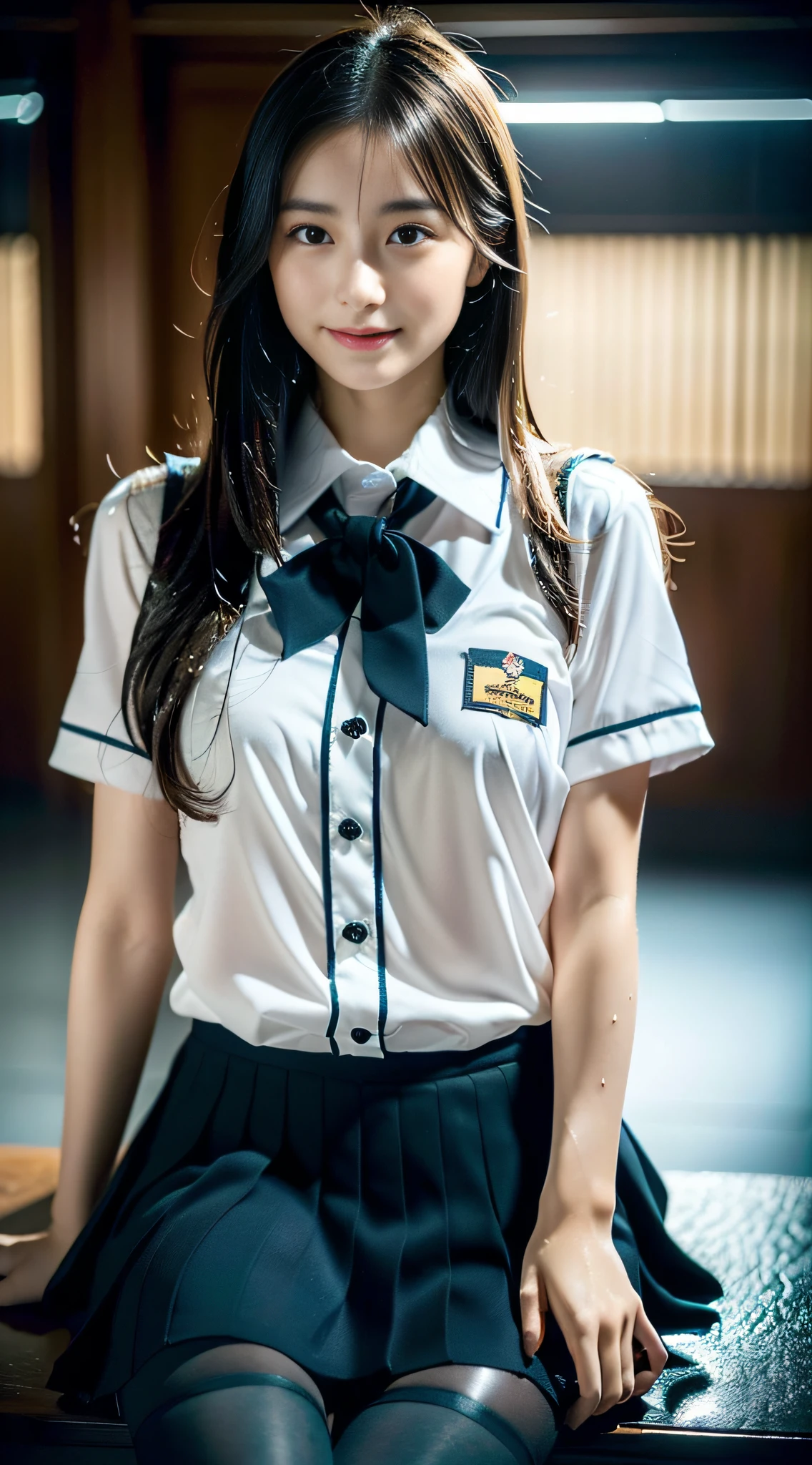 (((32k,high detal,high-detail、masterpiece,Attention to detail,full body Esbian,独奏))),Raw photo & realistic atmosphere,beautiful dark blue eyes,Detailed mouth,Glossy lips,Detailed eyebrows,Eyes drawn in detail with soft white skin that shines in every detail、azure eyes,Very beautiful eyes,Detailed lips、Very beautiful face,Very well-formed face、Lifelike face,shiny beautiful lips, Realistic Young Gravure Idol, very beautiful school girl, , Young Sensual Gravure Idol, Young Gravure Idol, Beautiful, sexy15 old schoolgirl,the whole body is wet,dripped out,with a flushed face,Incredibly beautiful, sexy and classy16-year girl,semi-long brown shiny hair,Hair is wet,Dripping water,dripping,(Looking at the camera:1.4),(darkness,Very dark,Pitch-black classroom with no street lights,Illuminate the subject with a flashlight:1.7),(A sexy,Healthy toned body,High Detail Hi-Vision Hi-Vision Japan HDTVblackHDTVhi-VisionBlack Hi-VisionBlack Hi-Definition Hi-VisionBlack Hi-Definition Hi-Definition Uniform,medium shapely breasts,,Mature body, I'm anxious and about to cry,Moist eyes,cold smile,glareing,The glaring face is also beautiful,High-resolution arm,,high-definition fingers,:1.5),(The chest of the uniform is open,Sit with your legs sexy open in black pantyhose,Lifting the skirt to the very edge in a schoolgirl uniform that is slightly darker green than dark blue:1.7)