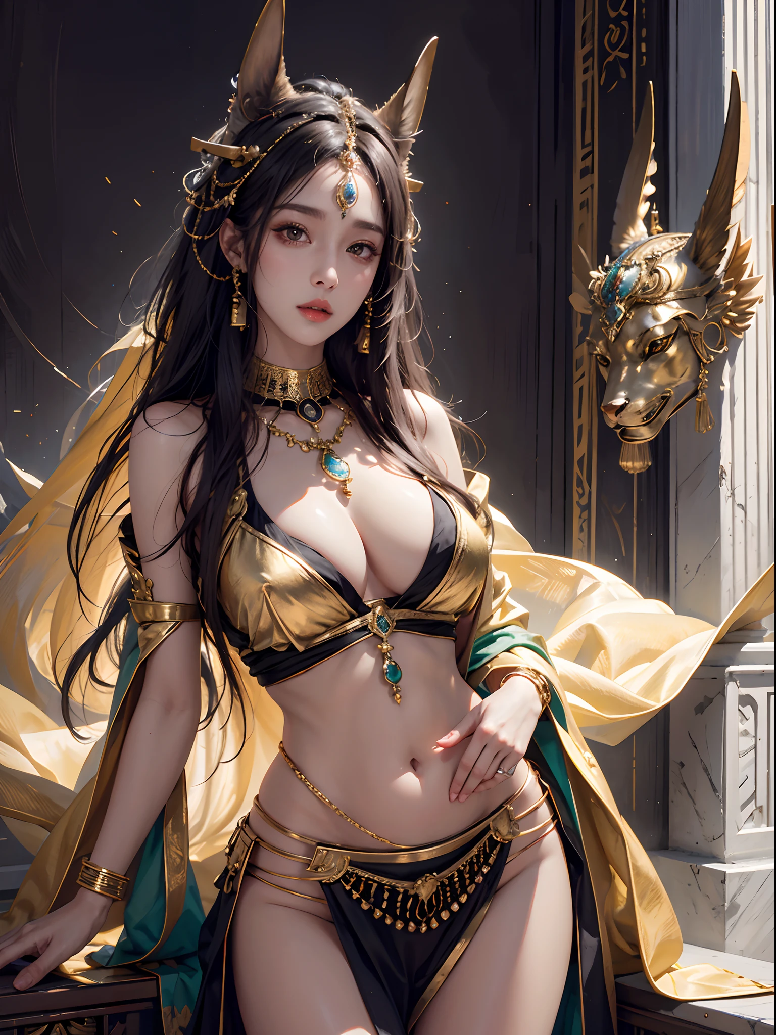 photorealistic, high resolution, soft light,1women, solo, hips up, shining skin, (detailed face), A woman wearing an idol of the god Anubis on her head, jewelry, tattoo