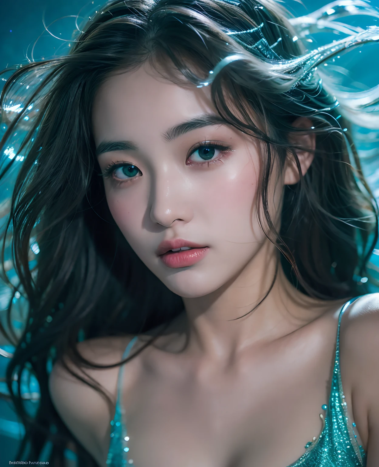 Dive into the depths of imagination with a stunning portrait of a sea nymph, adorned with shimmering scales and cascading locks of seaweed hair, highly detailed, HD resolution