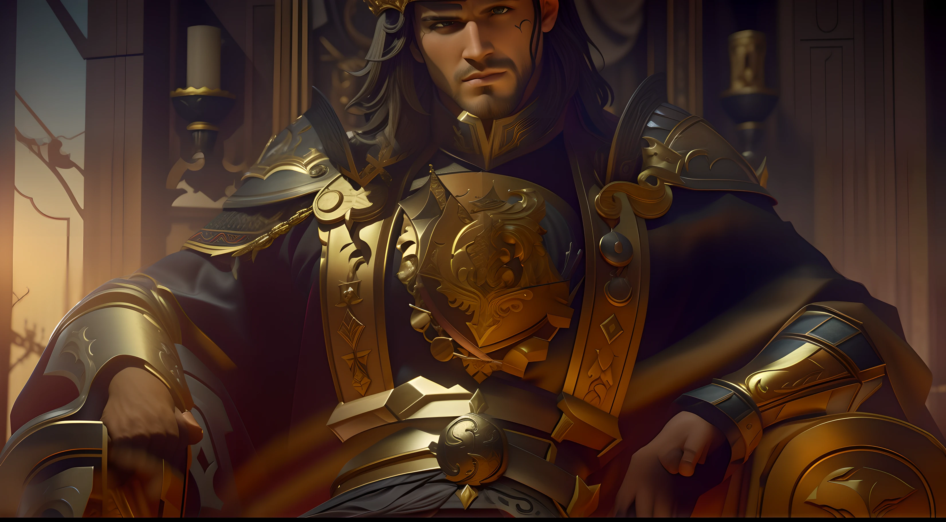 masterpiece: 1.2, best quality), realistic, (real image, intricate details, depth of field), (1boy, solo), makeup, lips perfect, highly detailed, perfect face, (skin dentition), thick thighs, wide hips, small waist, and huge black hair, wearing armor, king, sexy, dye, seductive, black, male, male, man, man, sword in hand, throne behind background, various hero pose,  man pose, crown, coronation, old, 30 years old,