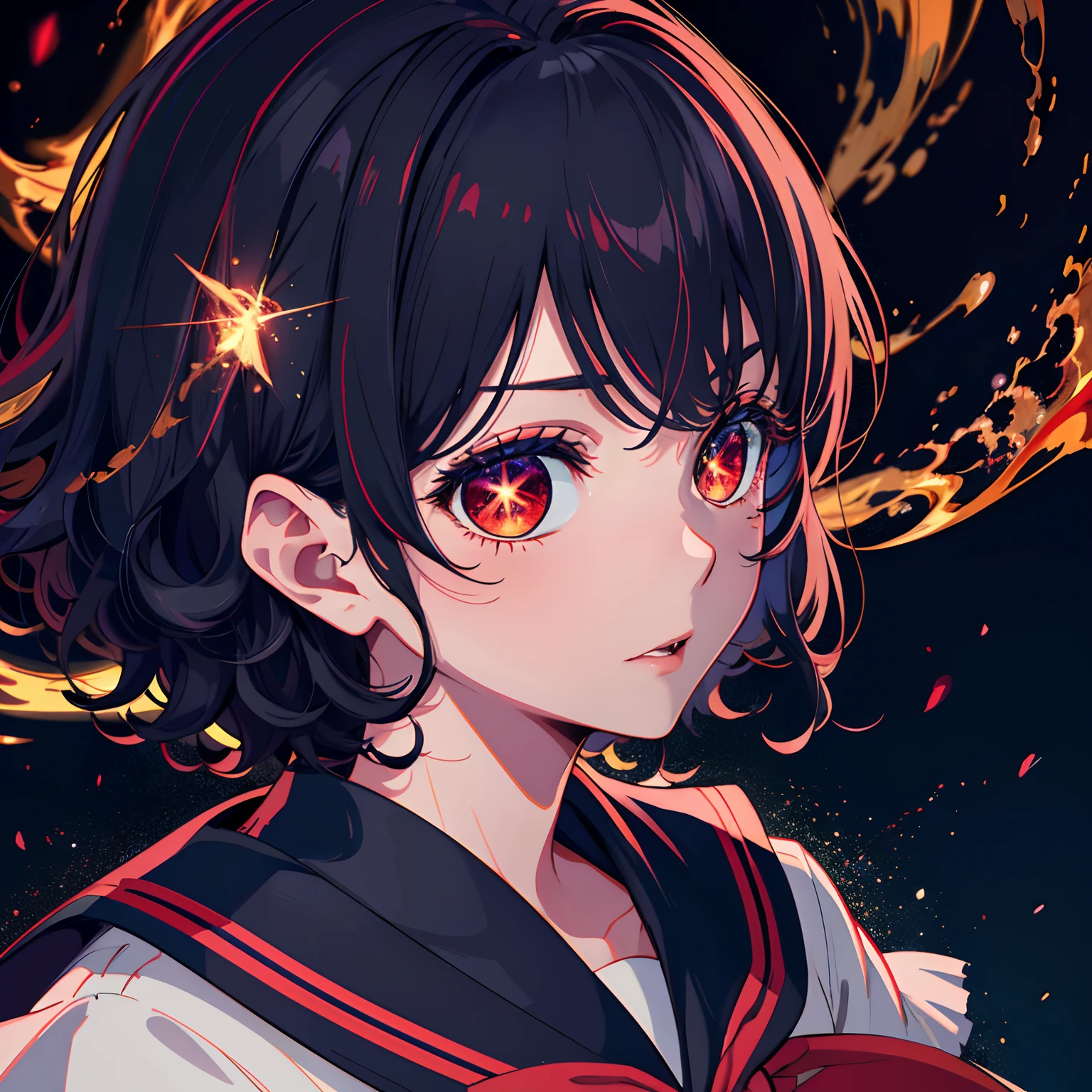 riofutaba, highres, highest quallity, illustration, ultra detailed, (detailed face), (detailed eyes), soft lighting, best quality, hyper detailed, masterpiece, 1girl, solo, outfit2, black hair, short curly hair, red eyes, school uniform, luminous eyes, (colorful), upper body, looking at viewer