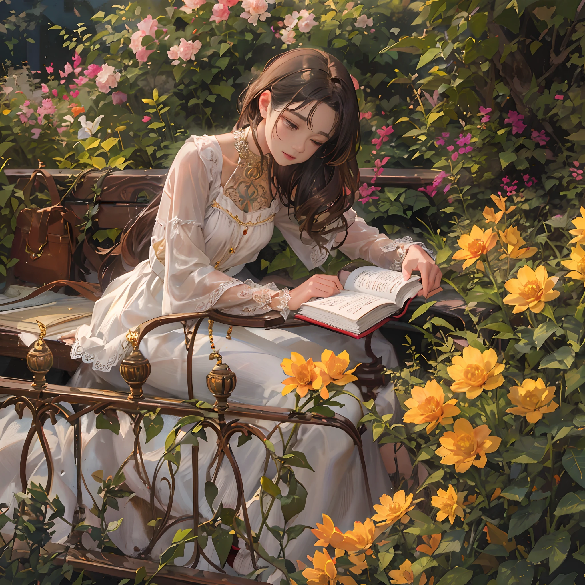 an elegant young woman sitting on a wrought iron bench in the center of a lush garden. The garden should be filled with colorful flowers and greenery, creating a vibrant and serene atmosphere. The woman should have long, flowing brown hair, styled in loose curls that fall gently down her back. She should be wearing a flowing white dress with delicate lace accents, which floats around her as she sits on the bench. In her left hand, the woman should be holding a leather-bound book with gilded pages, as if she were in the middle of reading it. Her right hand should be resting gently on a small, ornate table that is positioned next to the bench. On the table, there should be a vase of freshly cut flowers, with bright red and yellow petals that perfectly complement the surrounding flora. Next to the vase, there should be a small cup of steaming tea, emitting fragrant steam that curls up into the air. The woman should have a serene expression on her face, as if she is completely at peace and enjoying the natural beauty around her. Her eyes should be closed, as if she is savoring the aroma of the flowers and the warm breeze on her skin. The overall image should convey a sense of tranquility and contentment