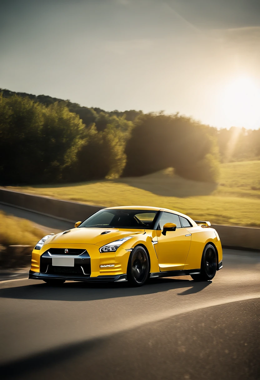 nissan gtr r-35, yellow colour car, riding on the road, background is sky, in sunshine morning, The direction of the front of the car is on the left, Don’t make photos too cartoony.