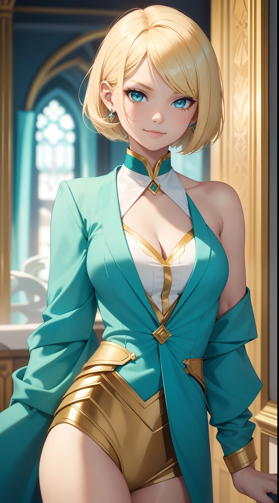 (masterpiece, best quality), intricate details, thin, ((slim)), beautiful girl, mature female, Light blonde hair, white skin, light green eyes, sharp jawline, architect outfit, messy hair medium hair,, lips, upper body, close up, smirk, architect office