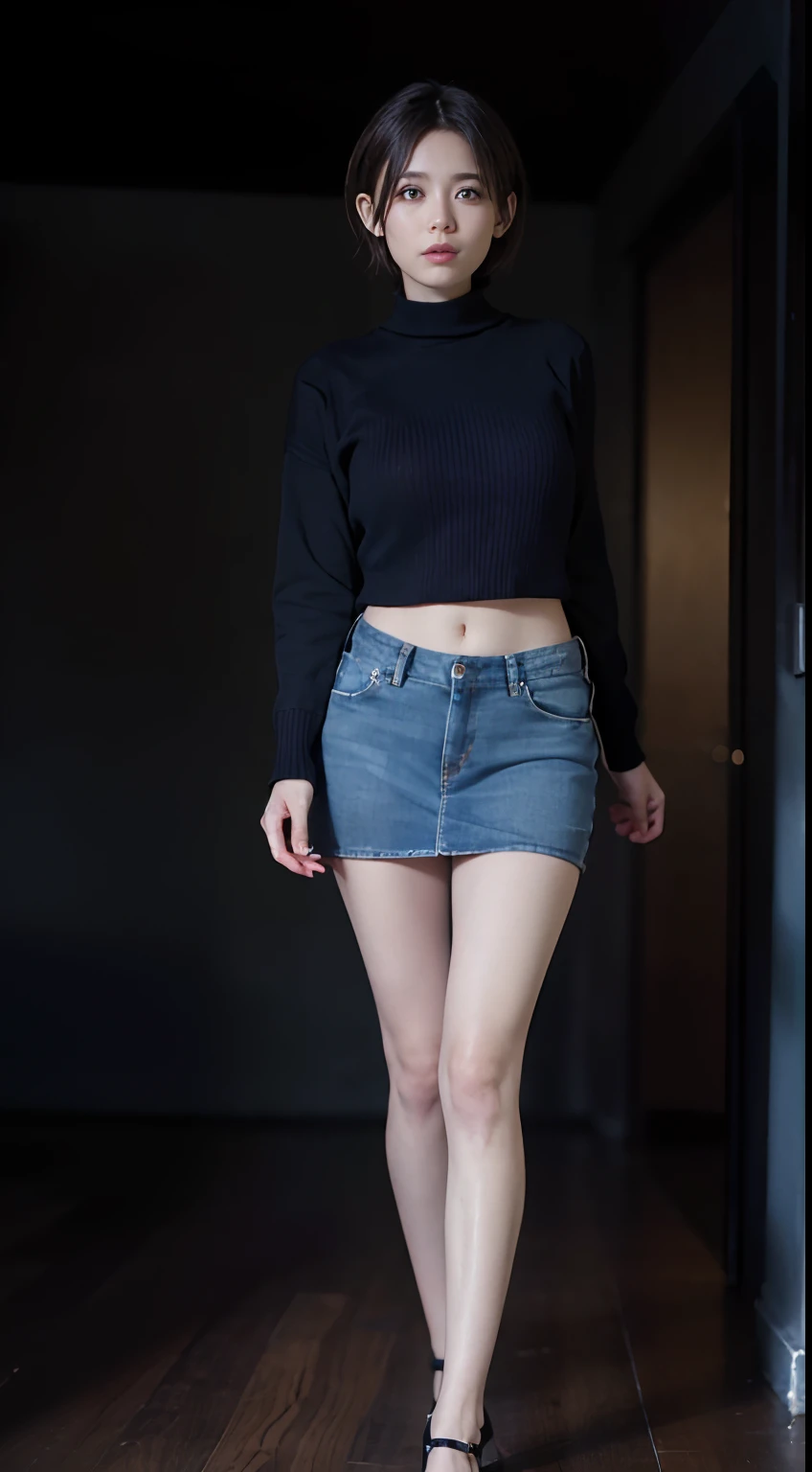 ((open abdomen))、((Mid-Riff Sweater))、((Ultra low-rise denim miniskirt))、((Navel Ejection))、full body Esbian、is standing、A slender、(masuter piece:1.3)、(8k、Photorealsitic、RAW Photography、top-quality: 1.4)、(1girl)、beautiful countenance、(lifelike face)、(A dark-haired、short-hair:1.3)、Beautiful hairstyle、realisticeyes、Beautiful details、（real looking skin）、Beautiful skins、（Sweaters）、absurderes、enticing、超A high resolution、A hyper-realistic、high-detail、the golden ratio