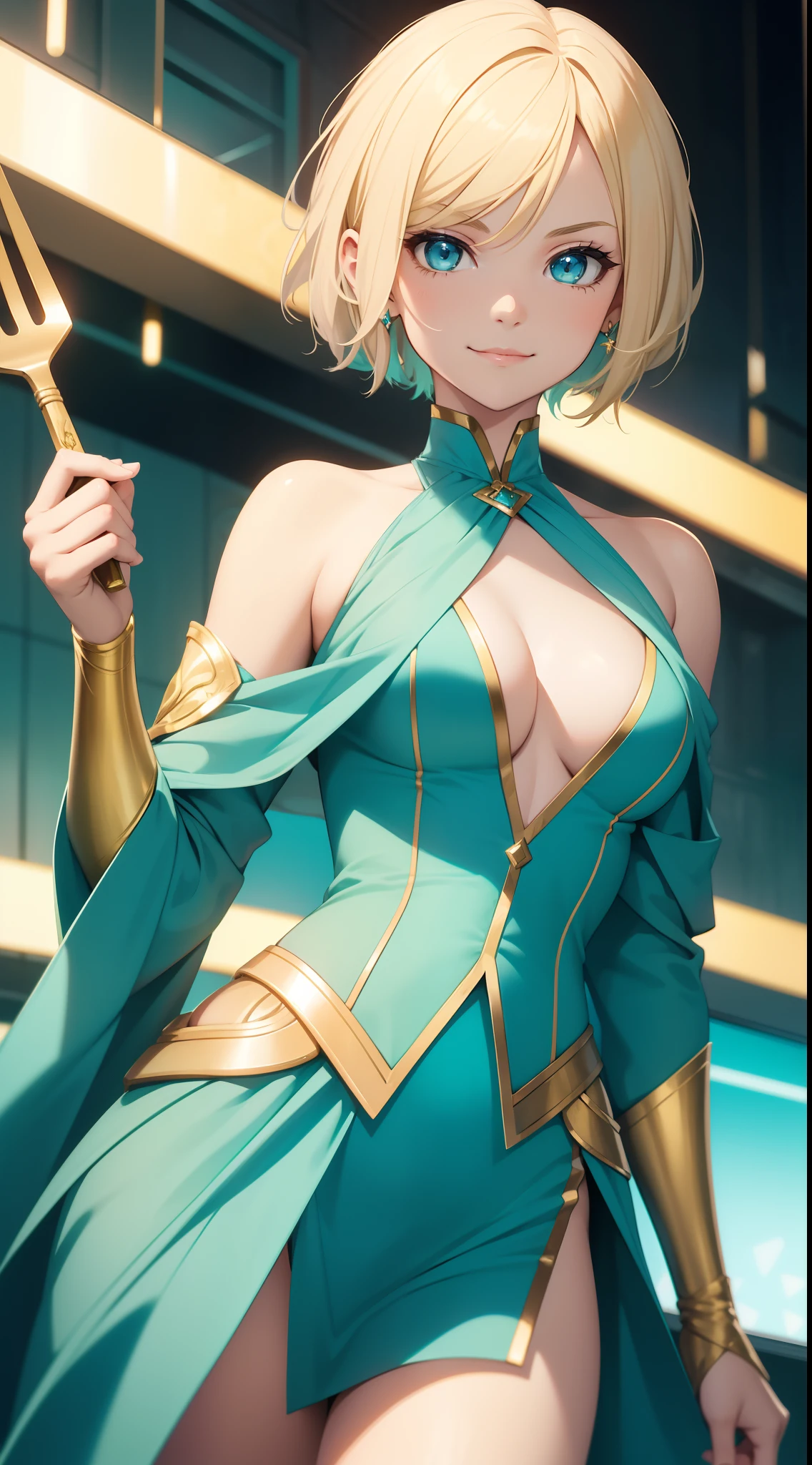 young girl, short blonde hair, turquoise eyes, smirk, Suit with white fork, Gold Elements, open shoulders, Masterpiece, hiquality, 4k, HD, Good detail