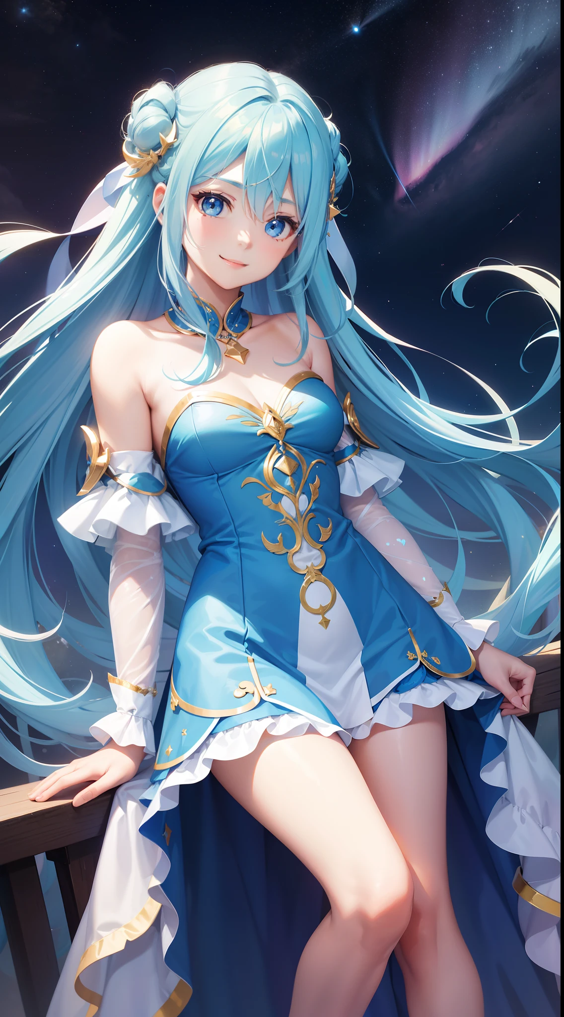 Super Idol　a beauty girl　A charming smile　sky blue hair　length hair　Twin-tailed　Costumes that show through thin skin　Mystical　Fantasia　constellation　a moon　Crystal Brilliance　Aurora Borealis in the Night Sky