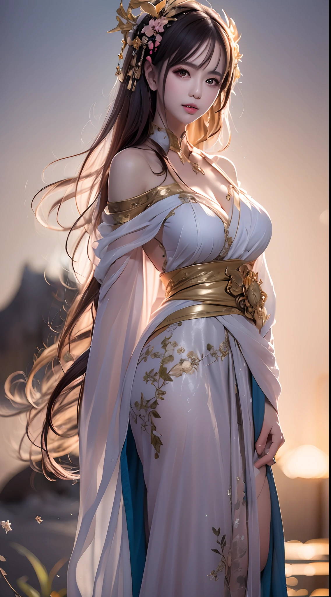 asuna, masterpiece, best quality, detailed, (1girl), solo, detailed golden eyes, long hair, standing, close to viewer, (detailed kimono), light smile, medium breasts,  (arms behind back), water, sunset, (hair ornament), (Sakura bloom),  snow mountain lake in the background