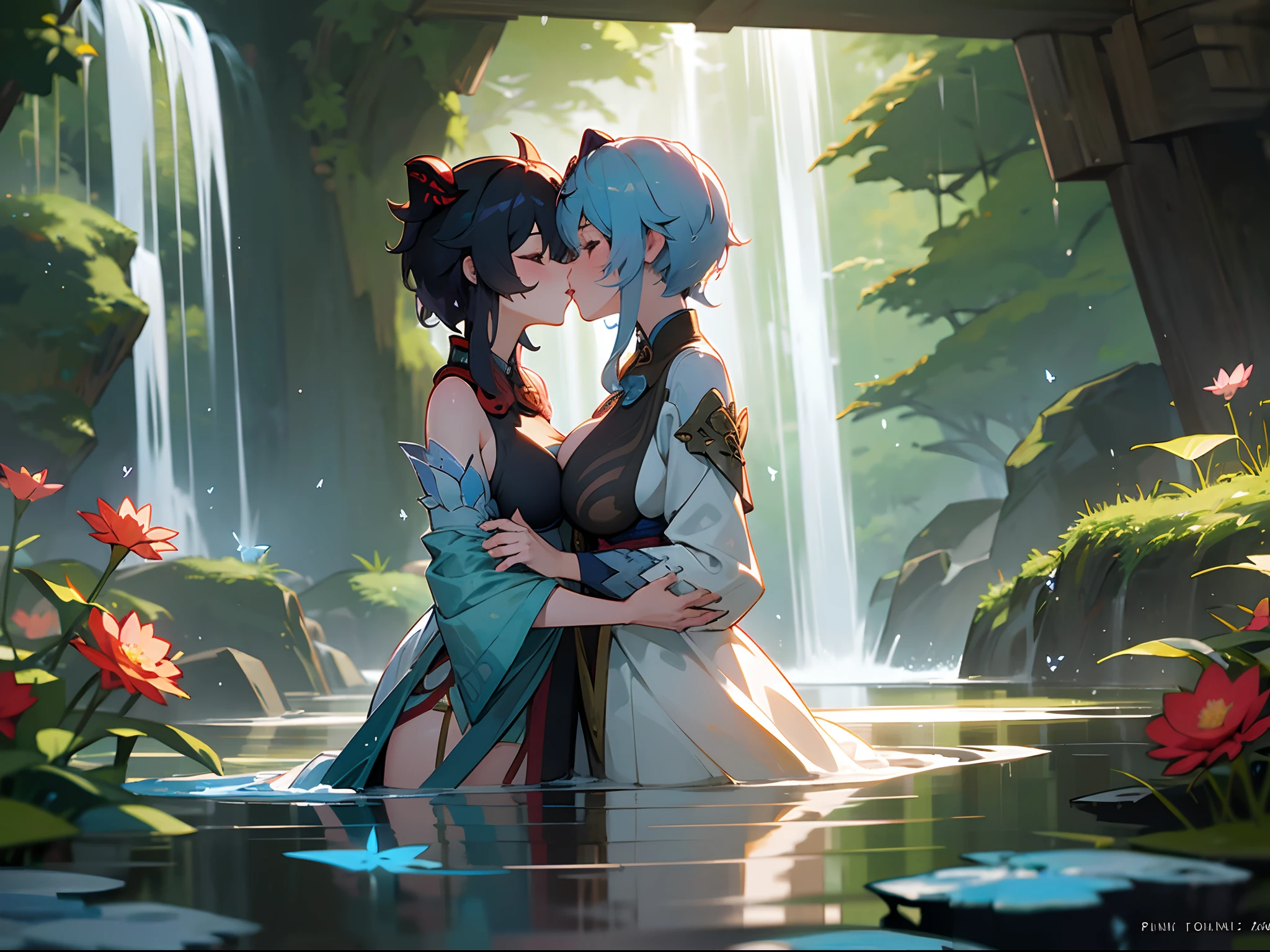 Genshin Impact, ganyu kissing a girl in pond, waterfalls and flowers, Butterflies, beautiful and highly detailed scenery, perfect posture, lip kissing, deep kissing, girls only, big boobs, boobs touching each other, soaked, robe