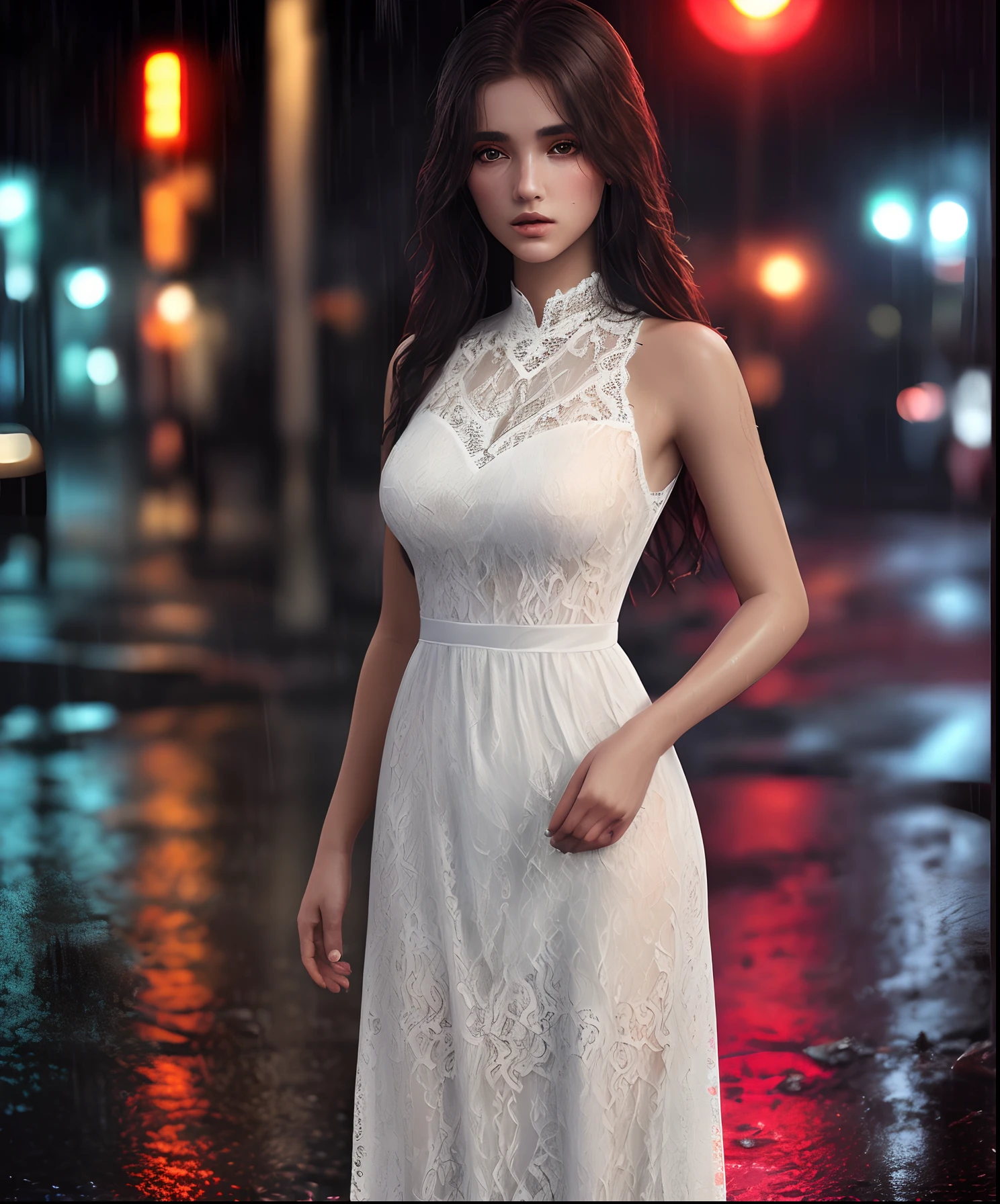 ((Best quality, 8k, lace maxi dress, standing in the rain, red light district, highly detailed face and skin texture, detailed eyes, double eyelids.)