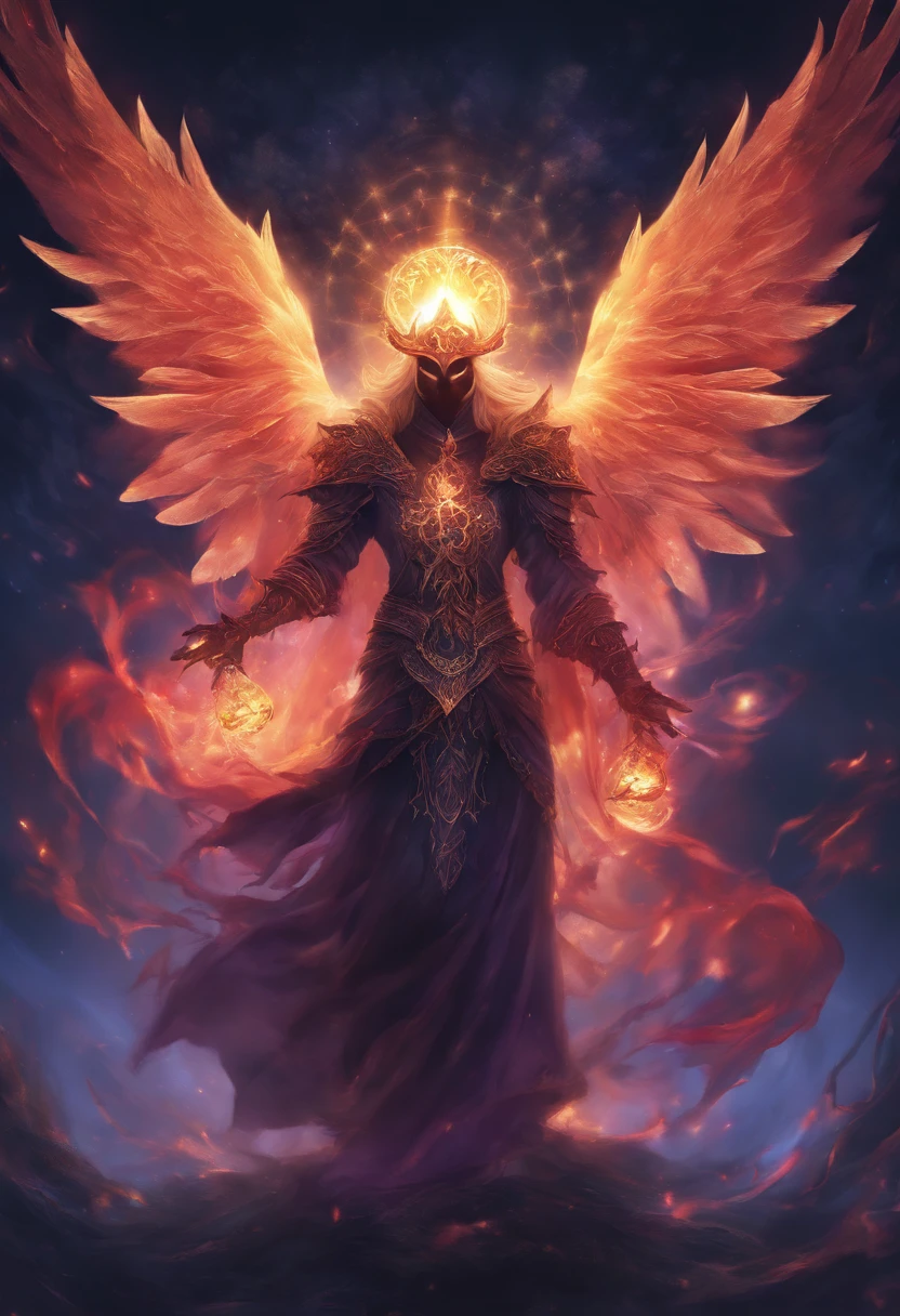 Cosmic Fallen Angel, Glowing light eyes, biomechanical, eldritch, Creepy, nightmarish, Very bright colors, light particles, with luminous light, Wallpaper Art, UHD wallpaper,medieval garb