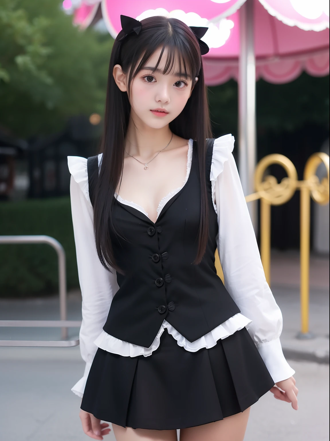 年轻,(Black miniskirt,Black ta Clothes),teenrl,Delicate body,petite body,Delicate body,small tits,tiny chest,A dark-haired,Very Longhair,An amusement park
