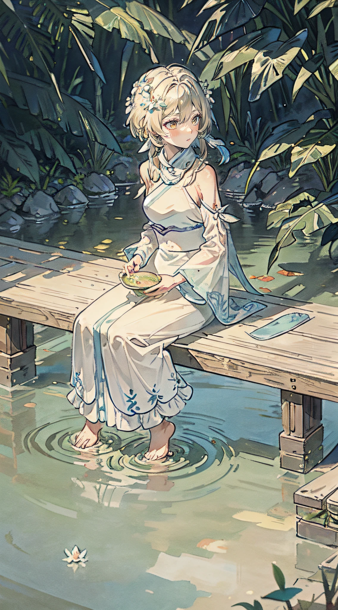 Two-dimensional, Ancient style, Spring Garden, En plein air, White hair, Hanfu, Nature, There is a pond in the middle of the courtyard, Begonia floating on a pond, Girl sitting on a bench in the hallway, Wear a transparent feather robe, Holding a bamboo flute, Random body posture, Intricate details, Best quality, Ray tracing, rendering, 8K, Masterpiece