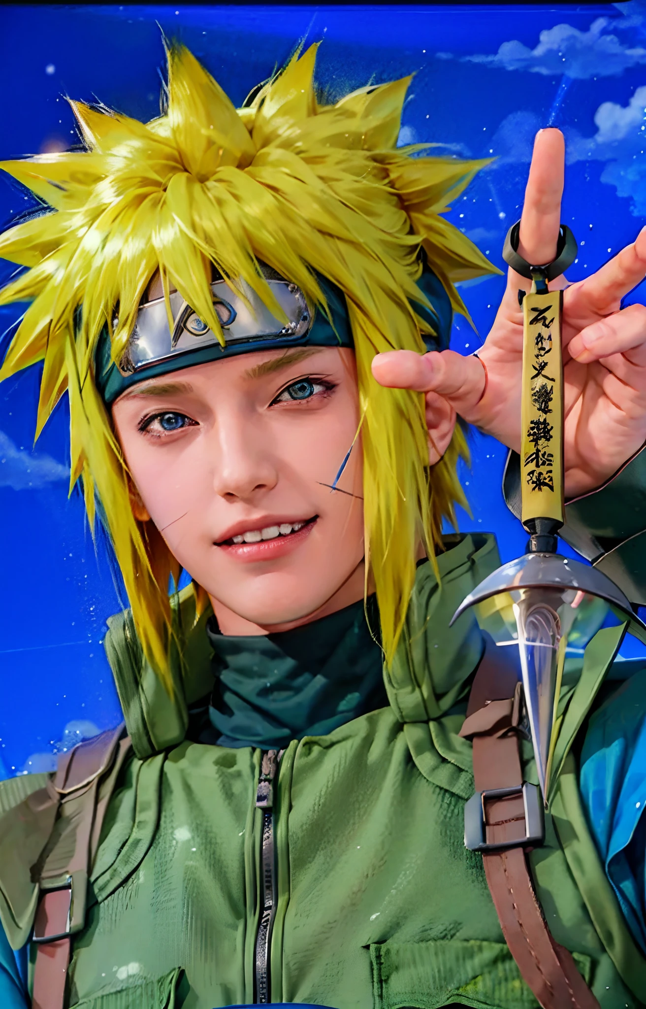 1male, namikaze in anime naruto shippuden, short hair , yellow hair, blue eyes, handsome, smile, green clothes, realistic clothes, detail clothes, city background, ultra detail, realistic