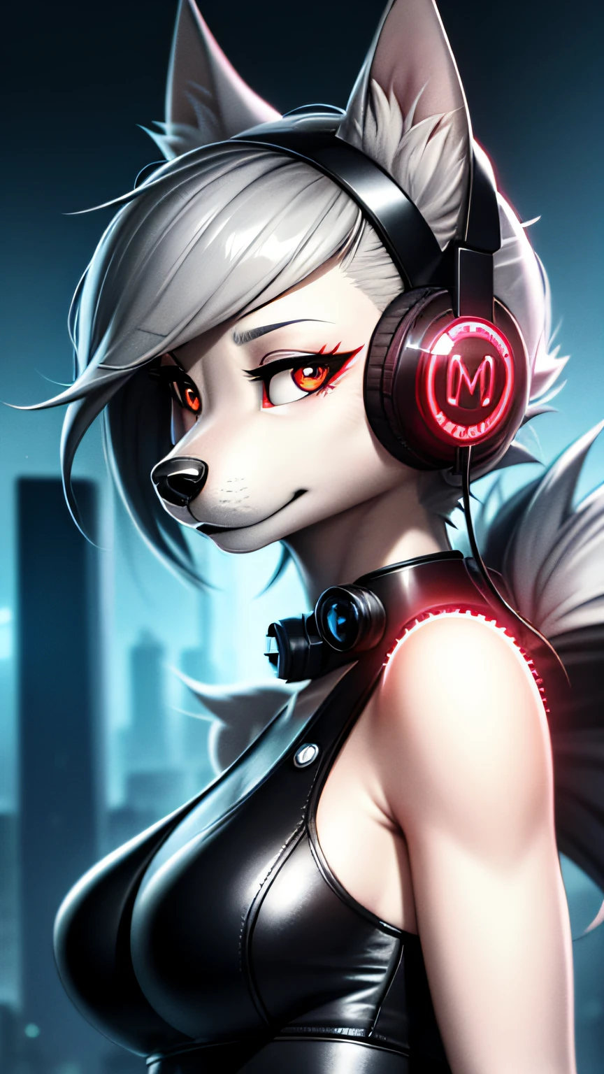 Highly detailed portrait of a woman of a Siberian husky dog standing on a street corner, (anthro, Furry, snout:1.2), whiskers, During a storm with lightning strikes and cloudy skies, neon and cyberpunk background, She wears punk clothes with silver chains and silver spikes, She has a butterfly wing hair clip in her wild hair, She wears headphones and a tie, Petite, Detailed glowing red eyes with distinct pupils, Ominous aura halo, Smile, punk, Cyberpunk, Backlighting, masutepiece, Best Quality, intricate detailes, absurderes, high-definition RAW color photography, Highly detailed, Harsh lighting, Cinematic lighting, Detailed eyes, clear pupils, Contrasty, hard lights, gigapixel, 8K resolution, Beautiful, Cinematic, Elegant, hyper realisitic, Octane Render, Unreal, High Definition, 8K resolution, Highly detailed, 8K UHD, Professional Lighting, Photon mapping, Radio City, Physically-based rendering, awardwinning photo, Detailed face, Backlight, Ultrarealistic, Ray tracing, intensegaze, Cinematic lighting