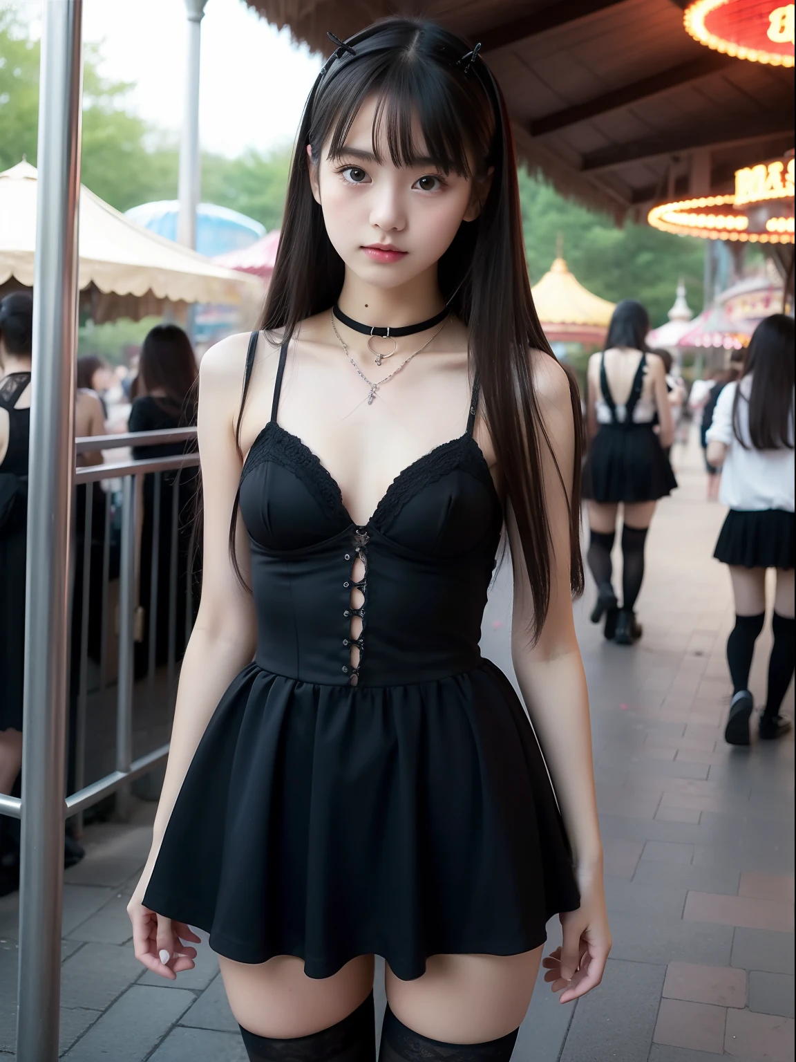 年轻,a miniskirt,Gothic ta Clothing,teenrl,Delicate body,petite body,Delicate body,small tits,tiny chest,A dark-haired,Very Longhair,An amusement park