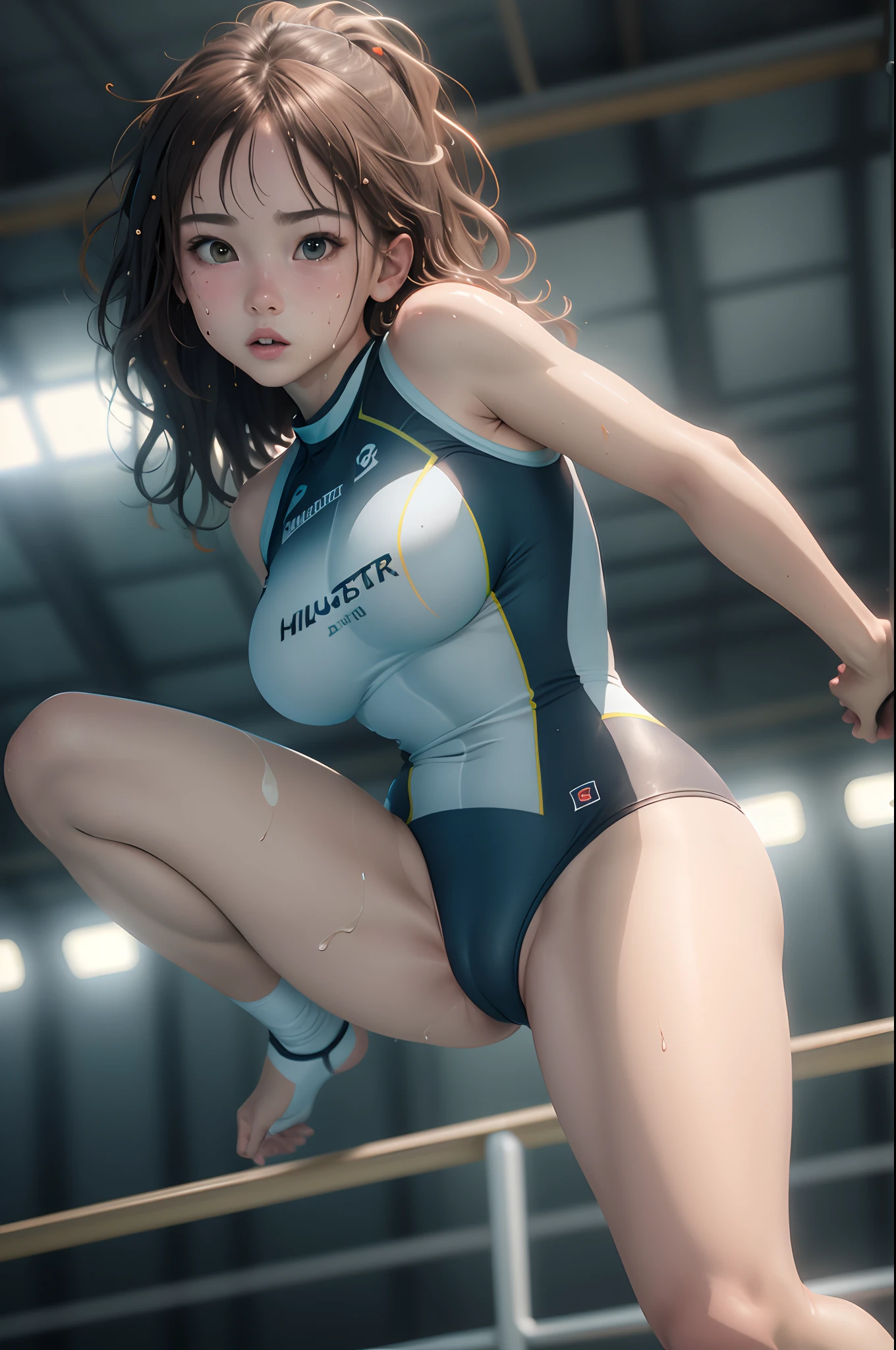 (Best Quality,8K,hight resolution,masuter piece:1.2),Ultra-detailed,Realistic:1.37,Portrait,Female diving athletes,highboard diving swimm,Teenage girl,small head,Cute,Sporty,Charming face,Detailed beauty face,Very realistic skin,Wet skin,Sweat,Large breasts,Narrow waist,nice legs ,Sporty,diving swimm Arena,Cinematic lighting,