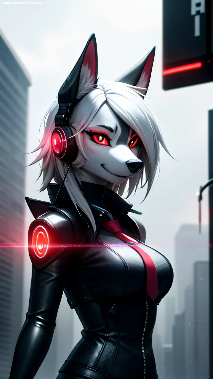 Highly detailed portrait of a lone wolf woman standing on a street corner, (anthro, Furry, snout:1.2), whiskers, During a storm with lightning strikes and cloudy skies, neon and cyberpunk background, She wears punk clothes with silver chains and silver spikes, She has a butterfly wing hair clip in her wild hair, She wears headphones and a tie, Petite, Detailed glowing red eyes with distinct pupils, Ominous aura halo, Smile, punk, Cyberpunk, Backlighting, masutepiece, Best Quality, intricate detailes, absurderes, high-definition RAW color photography, Highly detailed, Harsh lighting, Cinematic lighting, Detailed eyes, clear pupils, Contrasty, hard lights, gigapixel, 8K resolution, Beautiful, Cinematic, Elegant, hyper realisitic, Octane Render, Unreal, High Definition, 8K resolution, Highly detailed, 8K UHD, Professional Lighting, Photon mapping, Radio City, Physically-based rendering, awardwinning photo, Detailed face, Backlight, Ultrarealistic, Ray tracing, intensegaze, Cinematic lighting