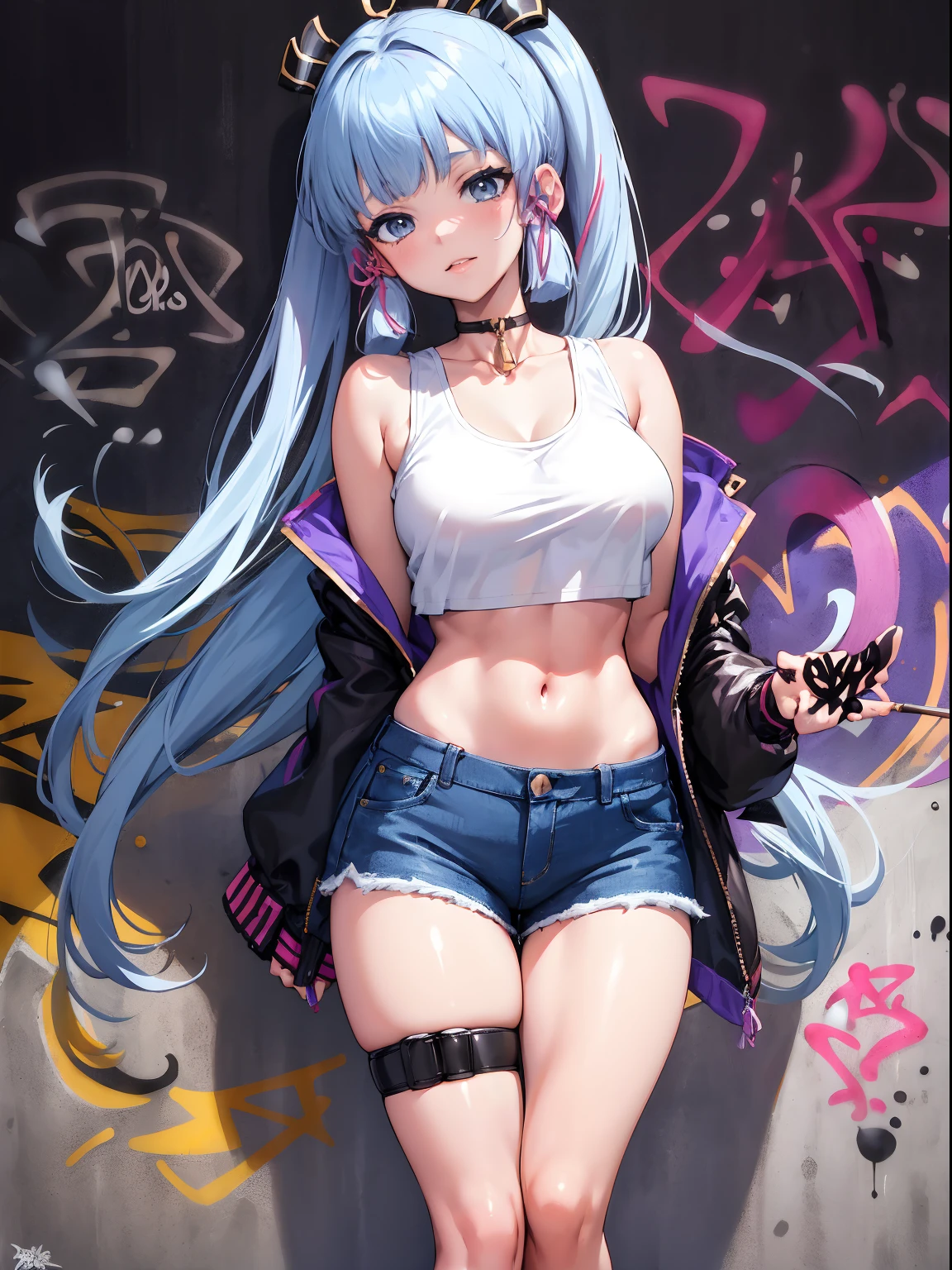 kamisato ayaka|genshin impact, master-piece, bestquality, 1girls,25 years old, oversized breasts, crop top, shorts jeans, oversized breasts, ,bara, crop top, shorts jeans, choker, (Graffiti:1.5), Splash with purple lightning pattern., arm behind back, against wall, View viewers from the front., Thigh strap, Head tilt, bored, water eyes,