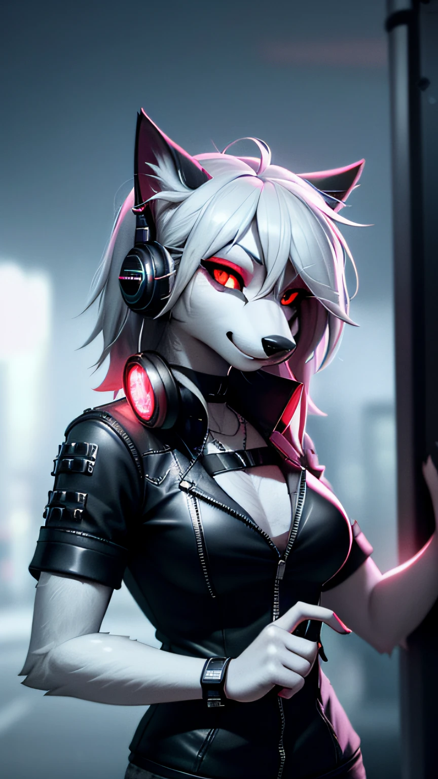 Highly detailed portrait of a lone wolf woman standing on a street corner, (anthro, Furry, snout:1.2), whiskers, During a storm with lightning strikes and cloudy skies, neon and cyberpunk background, She wears punk clothes with silver chains and silver spikes, She has a butterfly wing hair clip in her wild hair, She wears headphones and a tie, Petite, Detailed glowing red eyes with distinct pupils, Ominous aura halo, Smile, punk, Cyberpunk, Backlighting, masutepiece, Best Quality, intricate detailes, absurderes, high-definition RAW color photography, Highly detailed, Harsh lighting, Cinematic lighting, Detailed eyes, clear pupils, Contrasty, hard lights, gigapixel, 8K resolution, Beautiful, Cinematic, Elegant, hyper realisitic, Octane Render, Unreal, High Definition, 8K resolution, Highly detailed, 8K UHD, Professional Lighting, Photon mapping, Radio City, Physically-based rendering, awardwinning photo, Detailed face, Backlight, Ultrarealistic, Ray tracing, intensegaze, Cinematic lighting