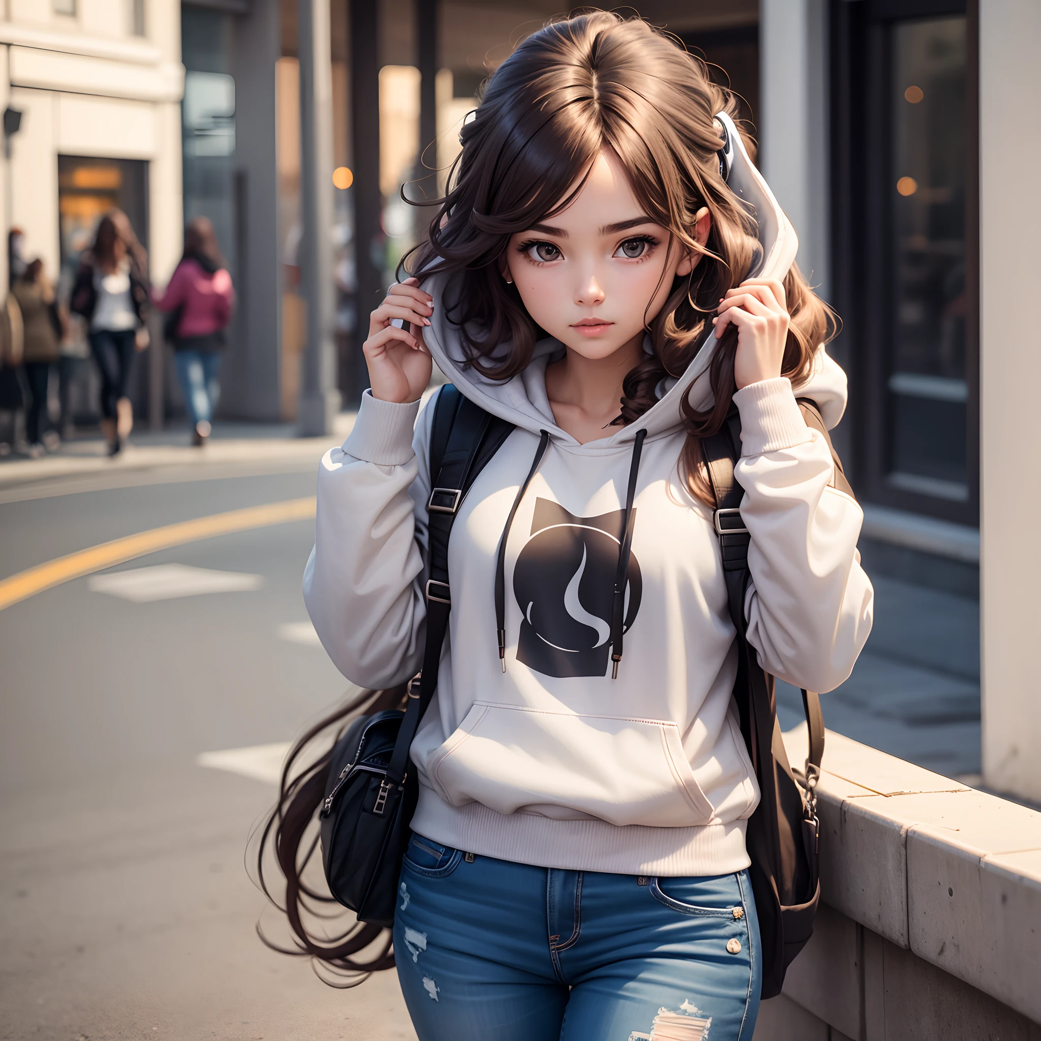 Young lady, age 21, long wavy hair [[[middle part hair cut]],  Brown hair color, Tomboy clothing, hoodie, wearing headphone.