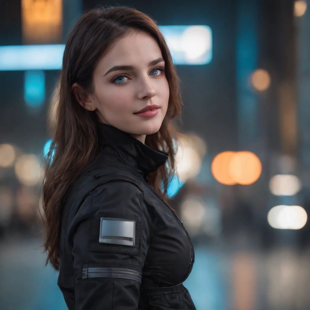 Masterpiece , A girl , cabelos preto e longos , Blue eyes ,  Gradient , Perfect figure , ( techwear outfits:1.2) , Cyberpunk , future , modernity , at cyberpunk city, lite smile , Detailed face ,, , (8K,  Best quality 1.2),  Ultra-detailed, 8K  UHD,, Soft lighting, High quality, filmgrain,   Beautiful lighting,, (Cinematic:1.4) ,Perfect body , Best illumination, Best shadow,  Sharpness, Contrast, Pregnant