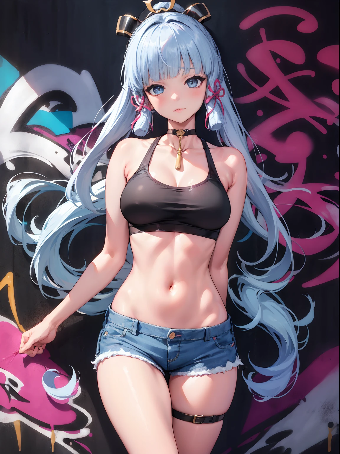 kamisato ayaka|genshin impact, master-piece, bestquality, 1girls,25 years old, oversized breasts, crop top, shorts jeans, oversized breasts, ,bara, crop top, shorts jeans, choker, (Graffiti:1.5), Splash with purple lightning pattern., arm behind back, against wall, View viewers from the front., Thigh strap, Head tilt, bored, water eyes,