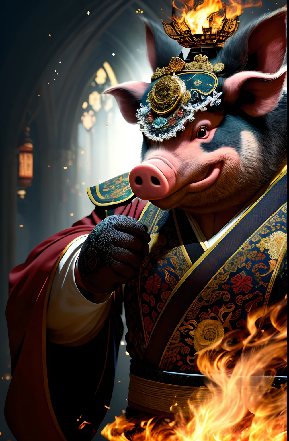 extremely detailed 8k wallpaper),iintricate,detail-rich,dramatics,Pig with white kimono,preparing to fight,The sinister face is drawn underneath, only a pair of red eyes peek,Graphic madness,Light is reflected on the ornaments,Bright ash seeped from the torches of the arched passage,Take a leisurely walk through the gloomy cathedral,Show the whole person that there is a certain distance from the surroundings to get their own permit。