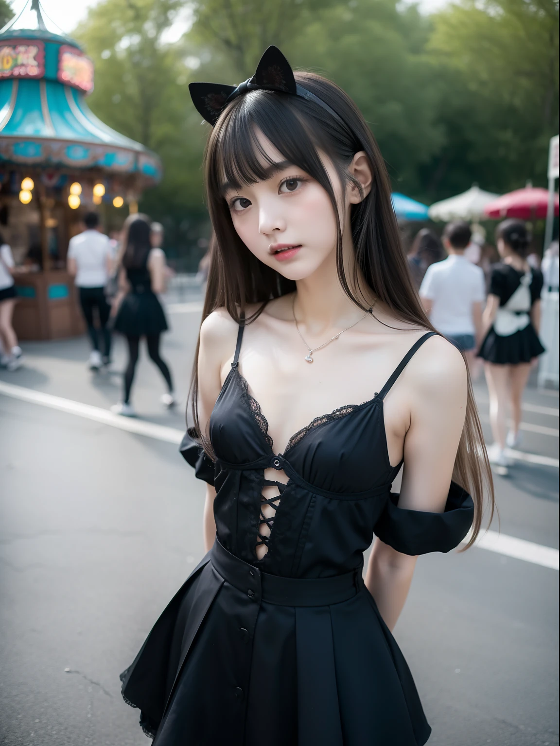 年轻,a miniskirt,Gothic Lolita Clothing,teens girl,Delicate body,petite body,Delicate body,small tits,tiny chest,A dark-haired,Very Longhair,An amusement park