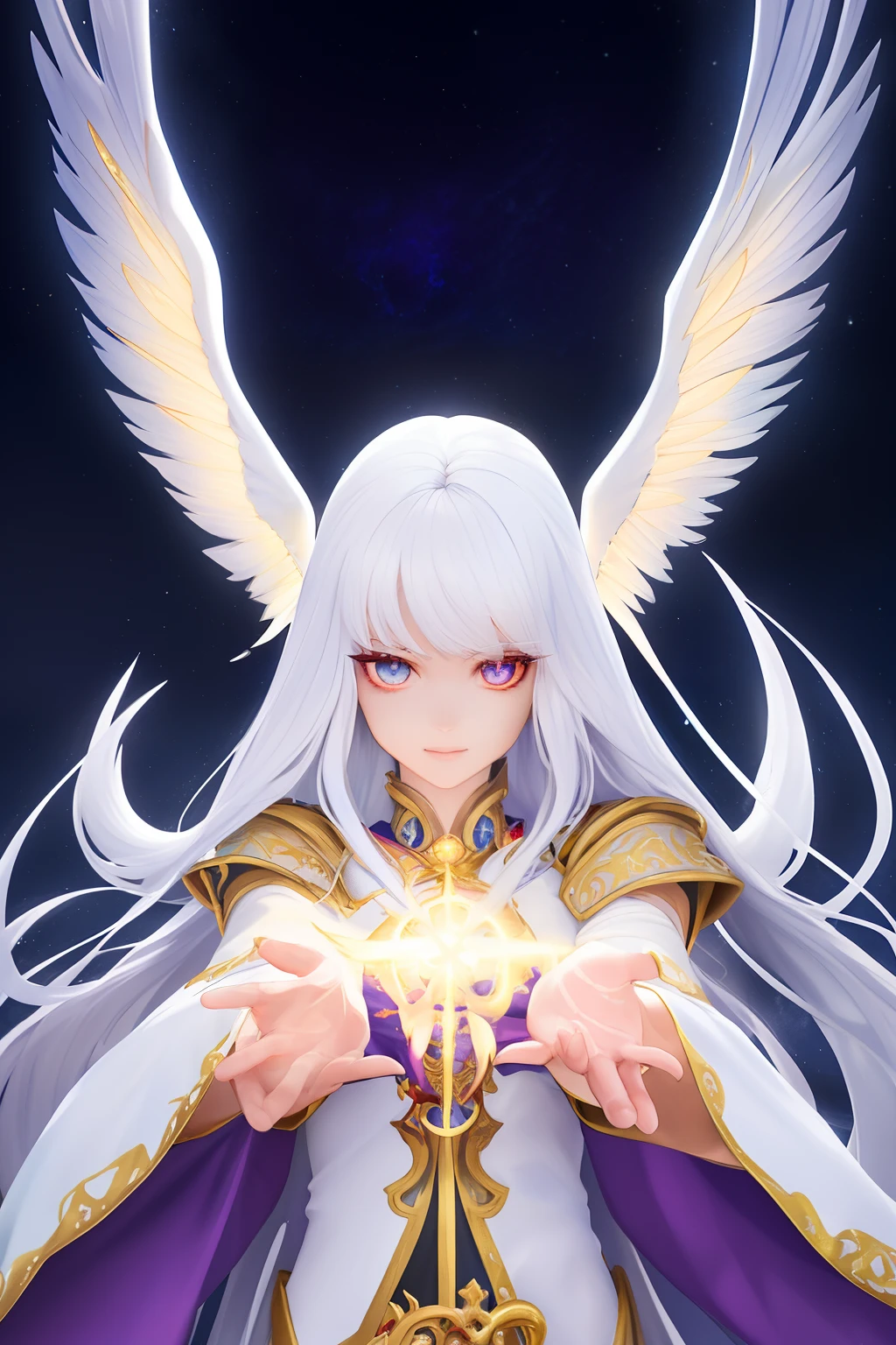 photorealistic photo, beautiful magical girl, tzeentch, outer god, chaos god, white fairy shirt with gold trim, white robe fluttering in the wind, long white hair, fully clothed, perfect face, beautiful, (perfect composition: 1. 4), detailed face and body, award-winning photography , fields, detailed face, detailed hands, lighting, intense gaze, looking at the viewer, cinematic lighting, embers, fantasy background, action pose, arms raised 90 degrees, holding a small wand, water splashes, foggy haze, happy, holy maiden, saint, faux traditional media, praying, palms folded, perfect hands