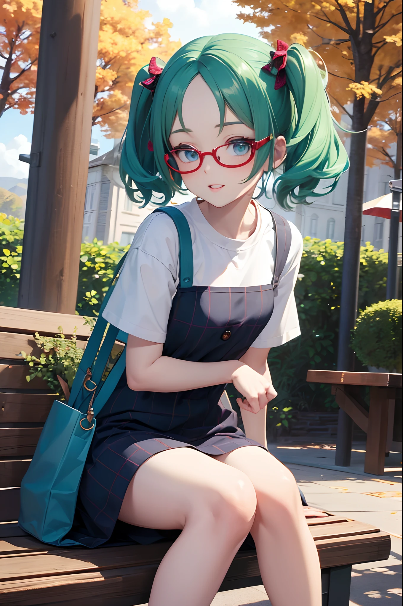 (Best quality), (masterpiece:1.3), (Animated Style Illustration:1.36), ultra-detailed, (not large tasty, Small breasts), Argyle Plaid high-waisted long dress in short Thin outfits, wide short sleeves, cat ear, (deep blue eyes), (Pale green hair, Short hair, out the forehead, Small pigtails), (red-half-rimed circle-glasses), Sitting on a park bench, Tote bag is carried in front of the body, Cheerful, happy, parted lips, background: beginning of autumn, blue sky, tearing clouds, Detailed background description. Front light,
