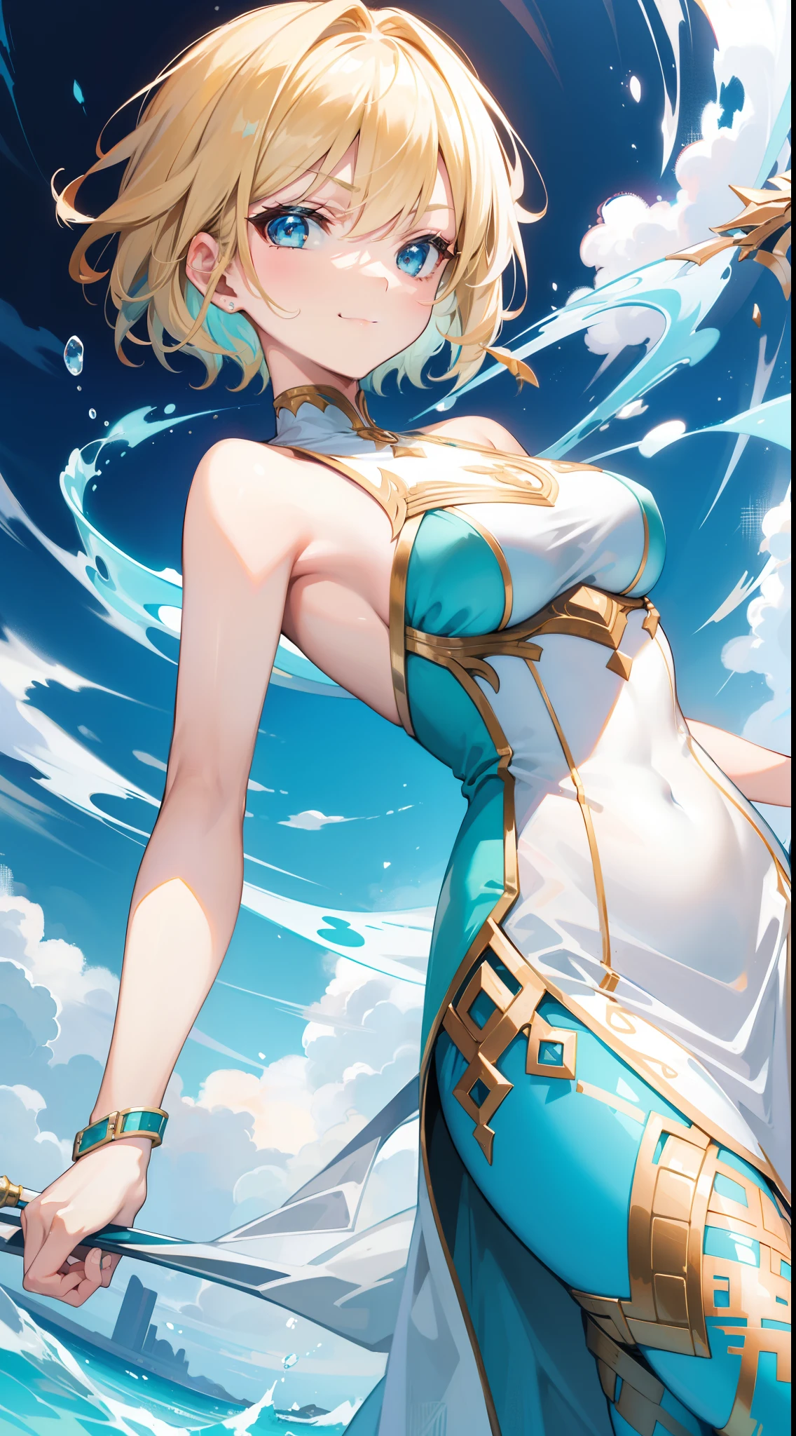 young girl, short blonde hair, turquoise eyes, smirk, Suit with white fork, Gold Elements, open shoulders, Masterpiece, hiquality, 4k, HD, Good detail